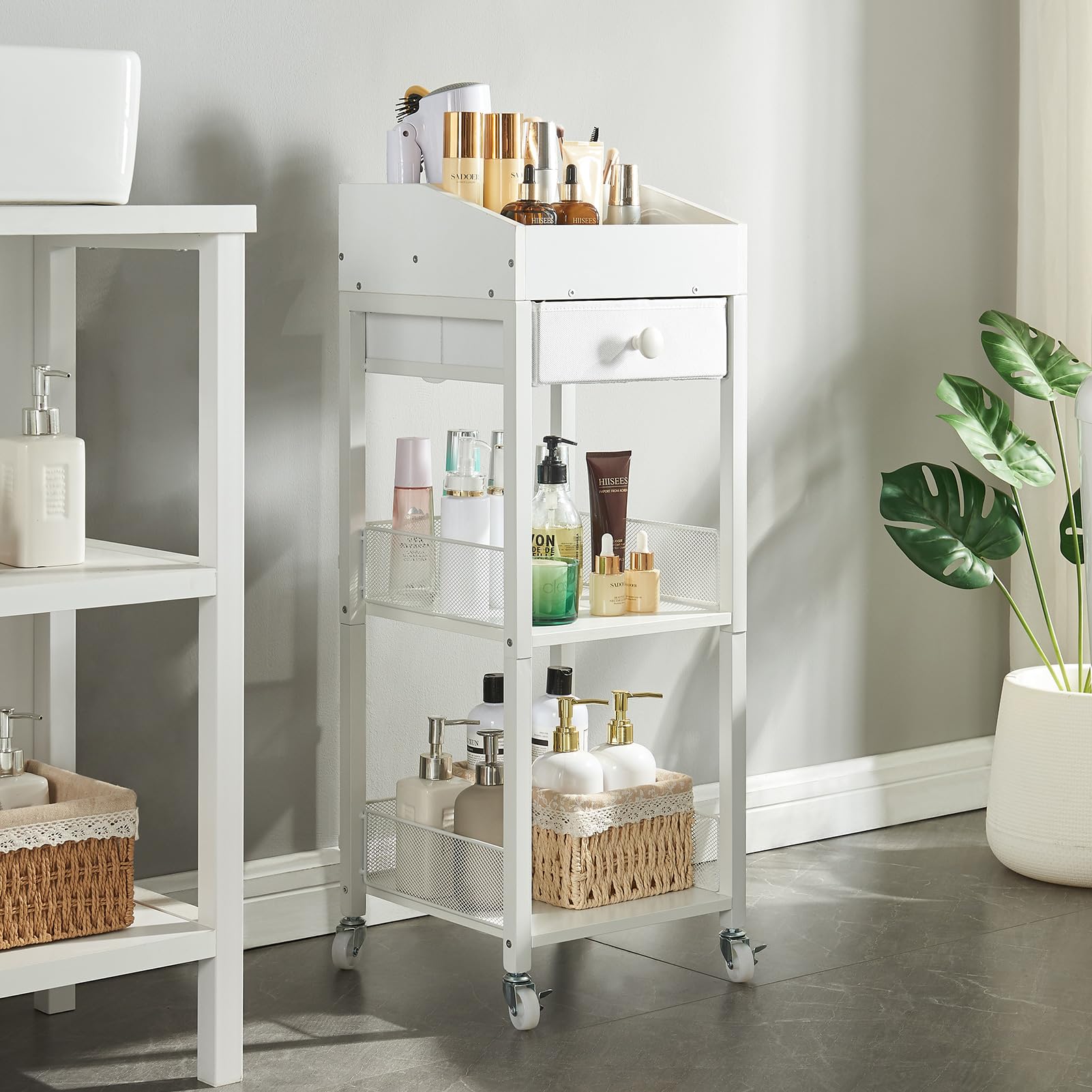 3-Tier Rolling Makeup Organizer Cart with Drawer - Portable Cosmetic Storage Stand for Skincare & Beauty Products - Free Standing Vanity Organizer with Wheels for Bedroom, Bathroom, Dresser (White) | Perfect for Small Space Organization & Travel Beauty Essentials