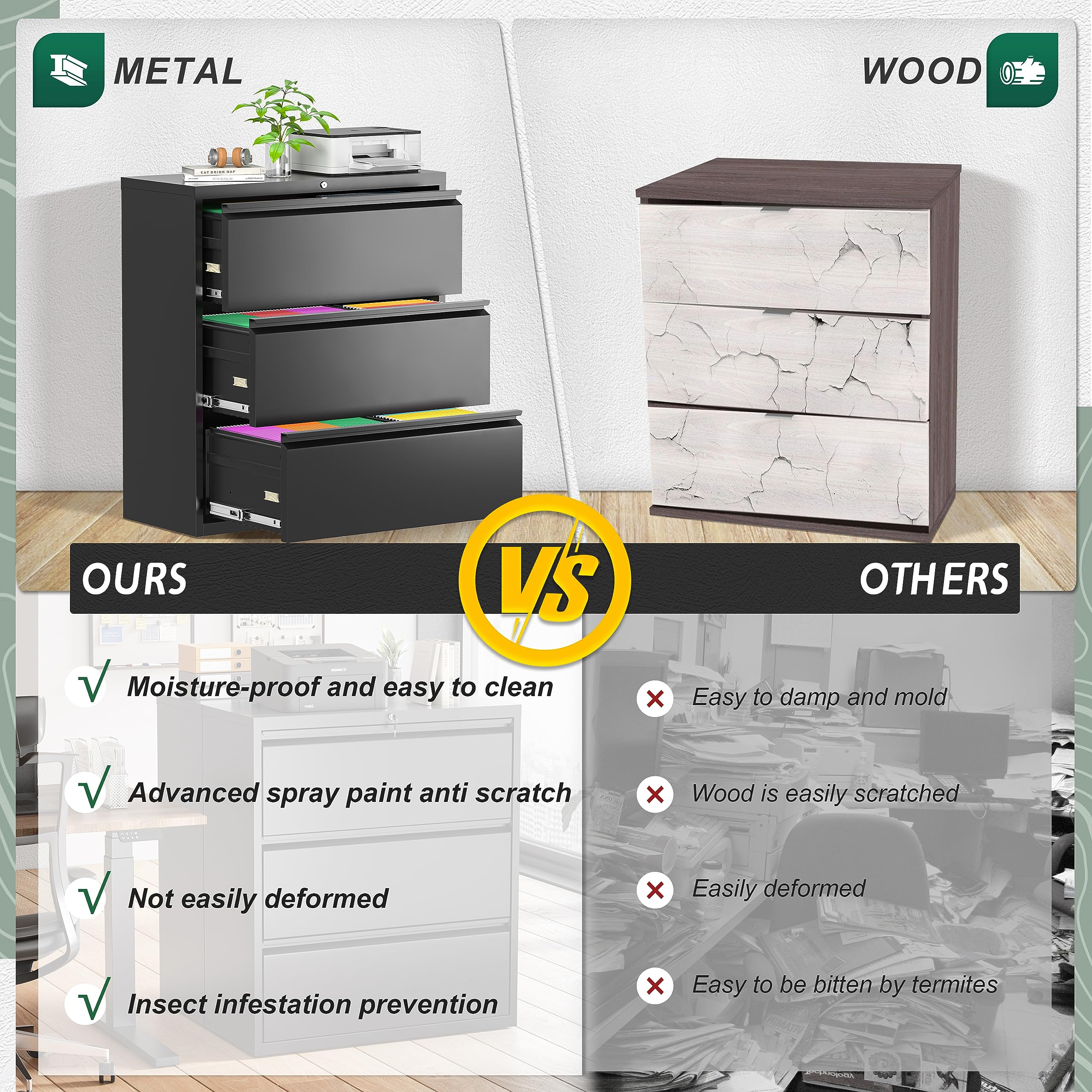 Superday 3-Drawer Lateral File Cabinet - Black Metal Office Filing Cabinet with Locking Drawers for Home & Office - Organize Legal, Letter, A4, F4 Documents