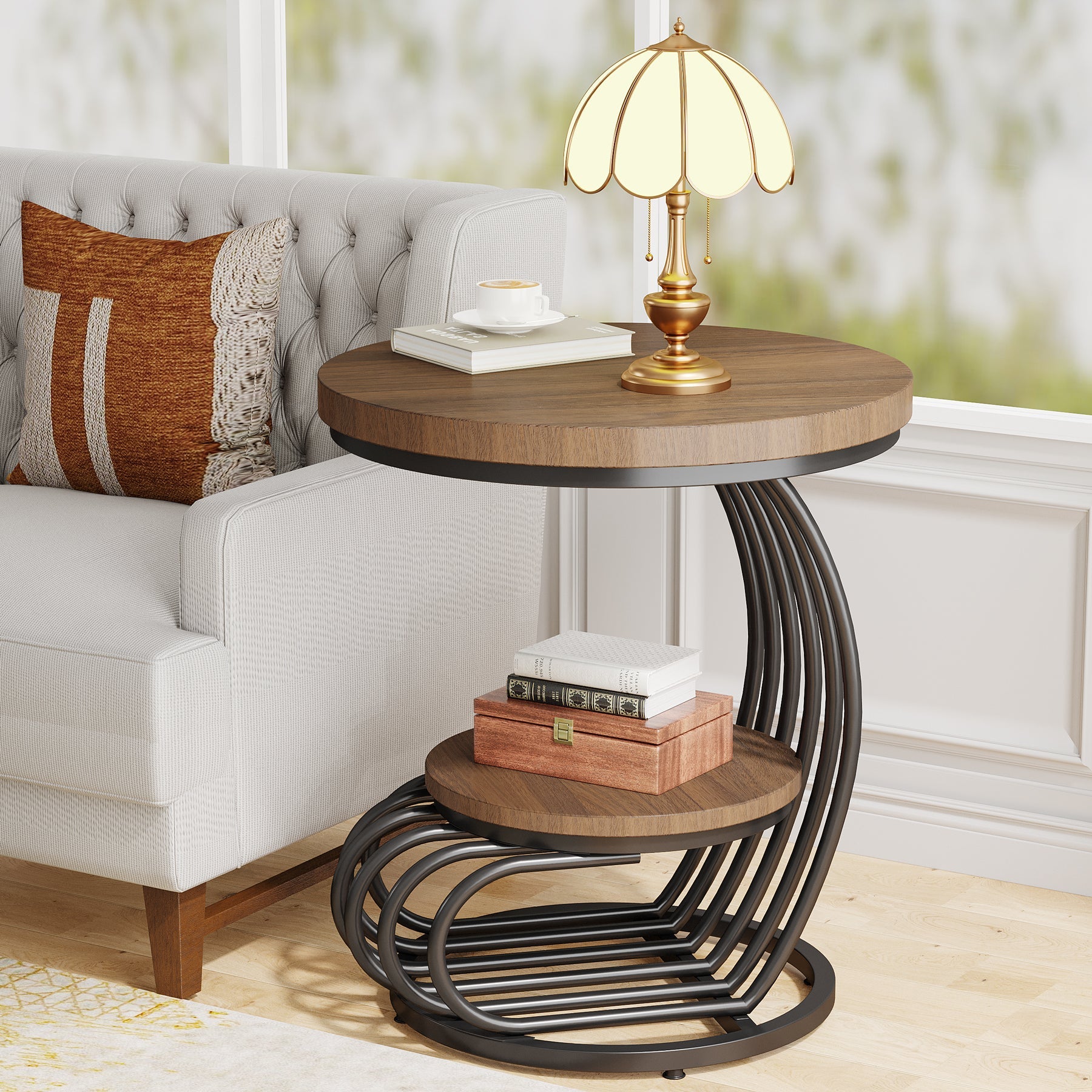 Round End Table with Storage Shelf - 2-Tier Faux Marble Side Table for Living Room, Bedroom & Office - Modern Accent Table with Sturdy Metal Frame for Home Decor
