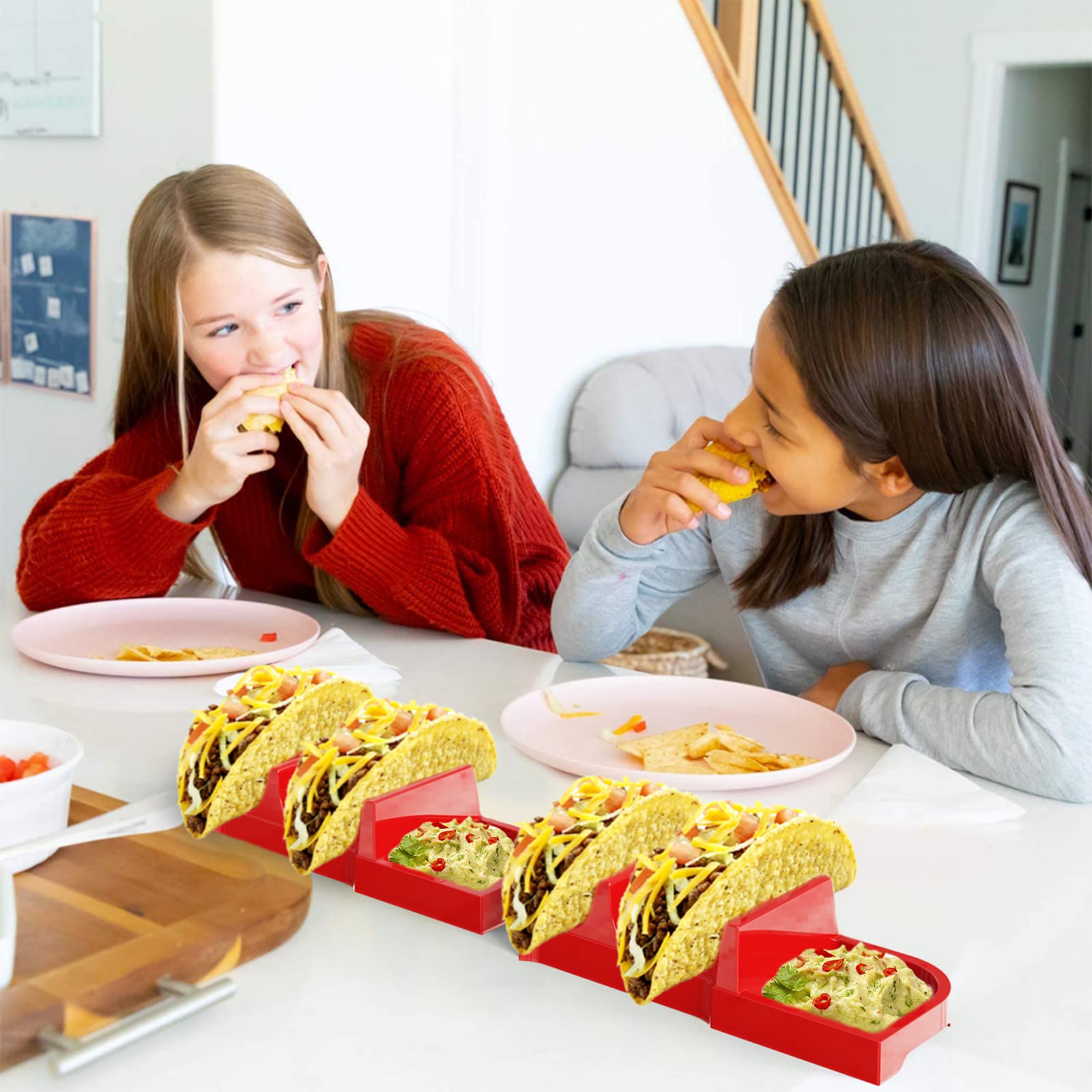 4-Pack Taco Holders Set - Sturdy Taco Shell Stands & Serving Tray for Taco Bar, Party Night, Taco Tuesday & Family Dinner - Red (Perfect for Mexican-Themed Parties & Casual Dining)