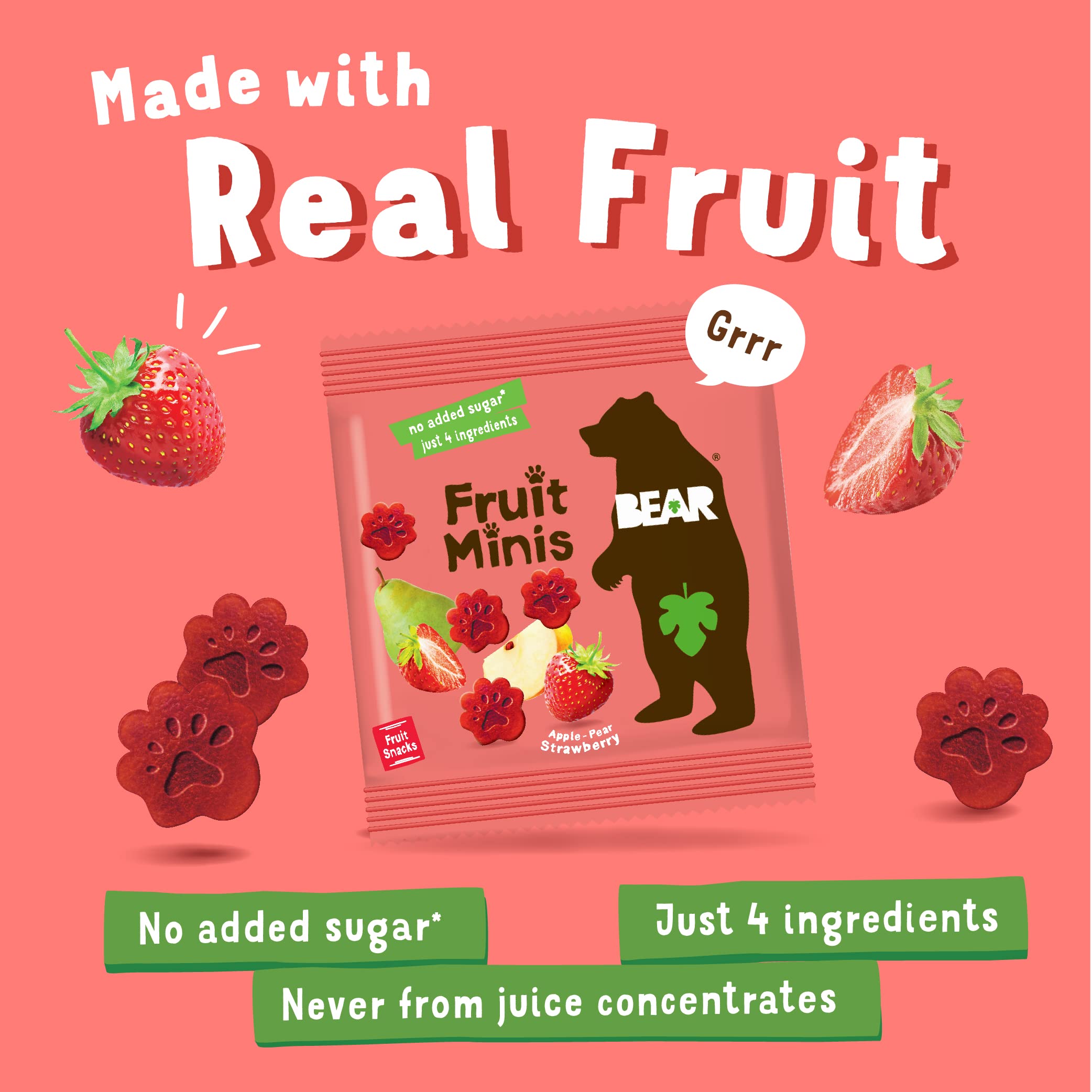 BEAR Real Fruit Snack Minis, Strawberry - 18 Pack of Healthy Gluten Free Vegan Non-GMO Bite-Sized Snacks (0.7 Oz) - Perfect for Kids Lunchboxes, School Snacks & On-the-Go Healthy Treats