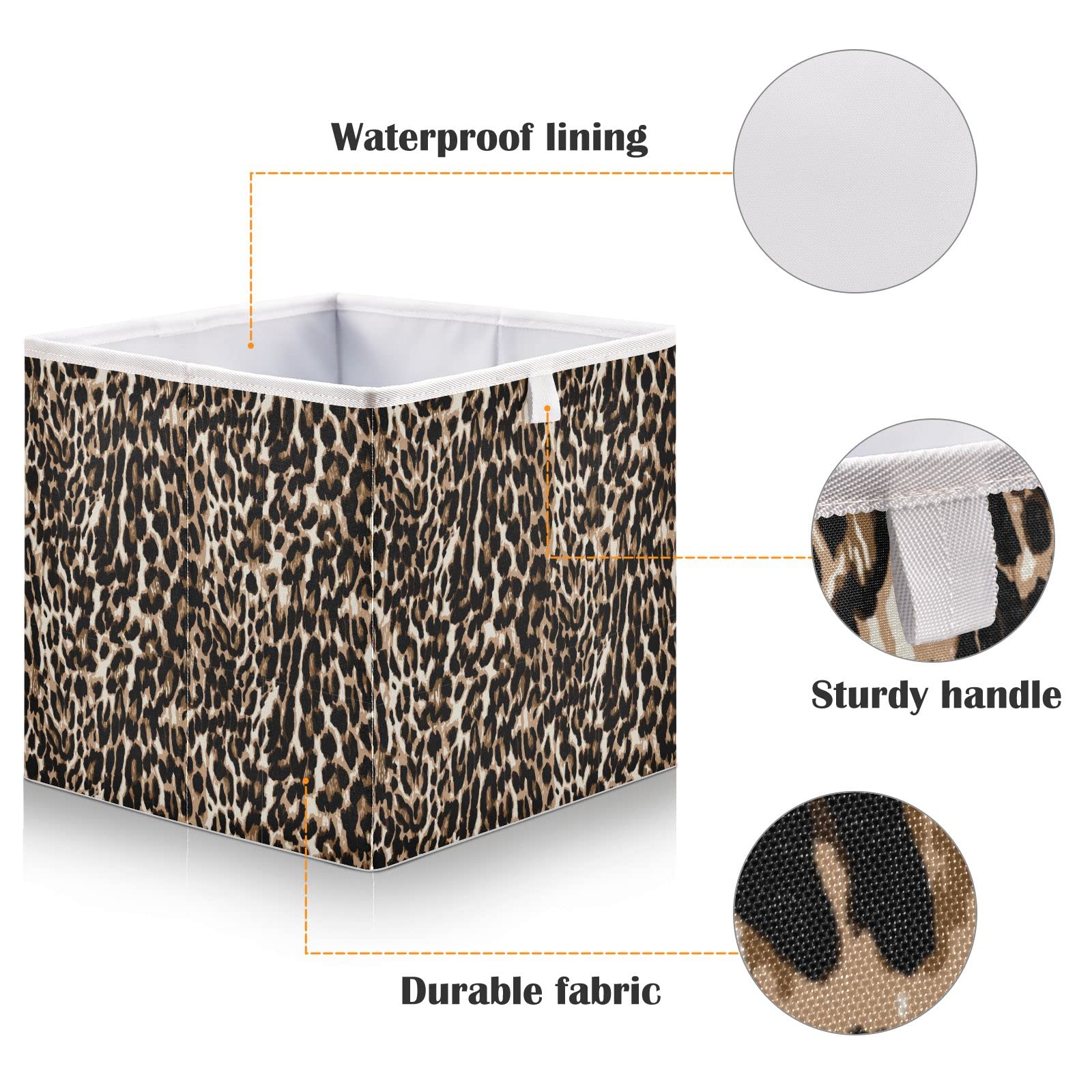 DOMIKING 11 Inch Foldable Fabric Storage Bins with Sturdy Handles - Leopard Print Closet Organizers, Shelf Baskets for Bedroom & Linen Closet (Set of 6) - Perfect for Home Organization, Kids' Room Storage & Office Supplies