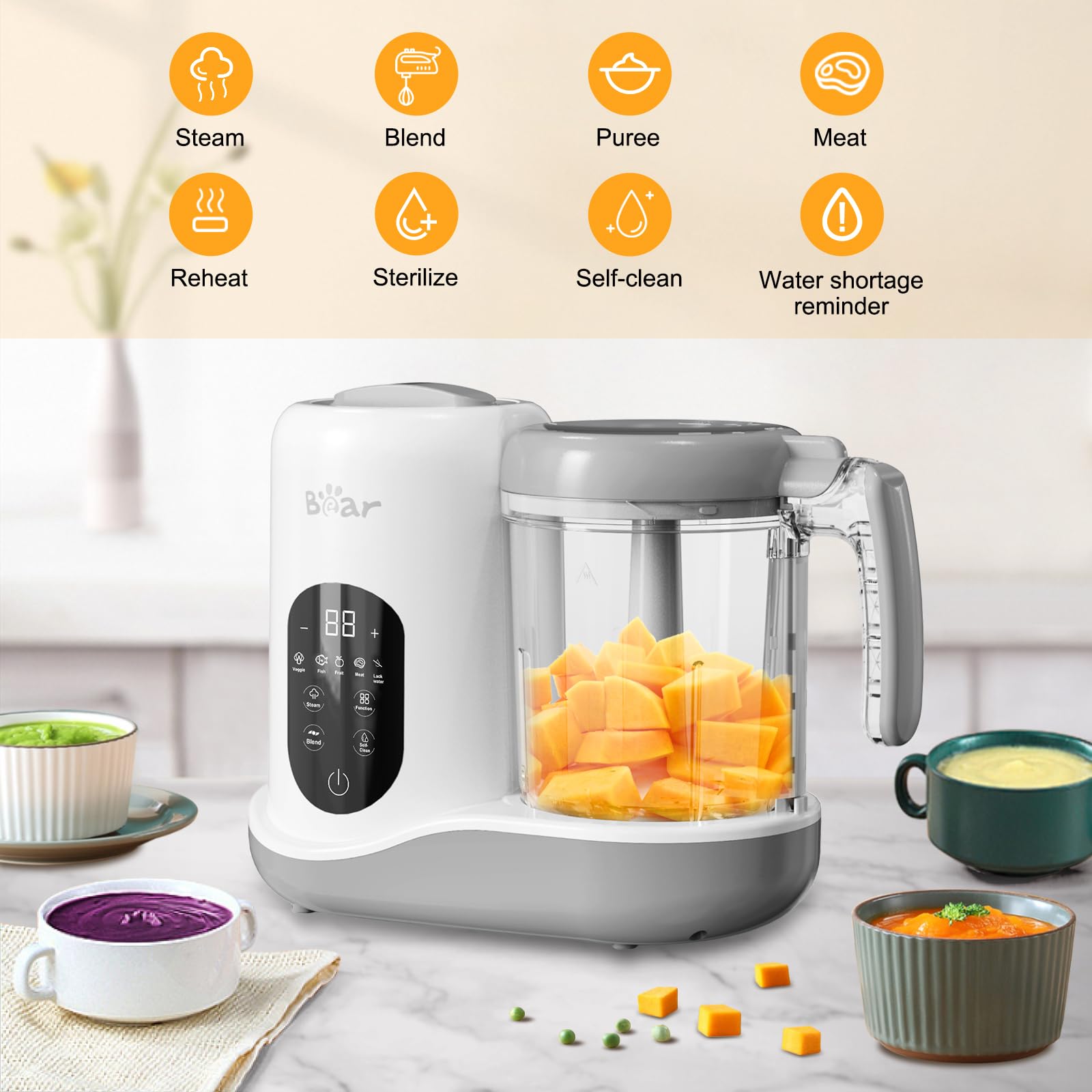 2023 Bear Baby Food Maker - One-Step Steamer, Blender & Puree Processor with Auto Cooking, Grinding & Self-Cleaning | Touch Screen Control | Perfect for Homemade Baby Food, Toddler Meals & Healthy Purees