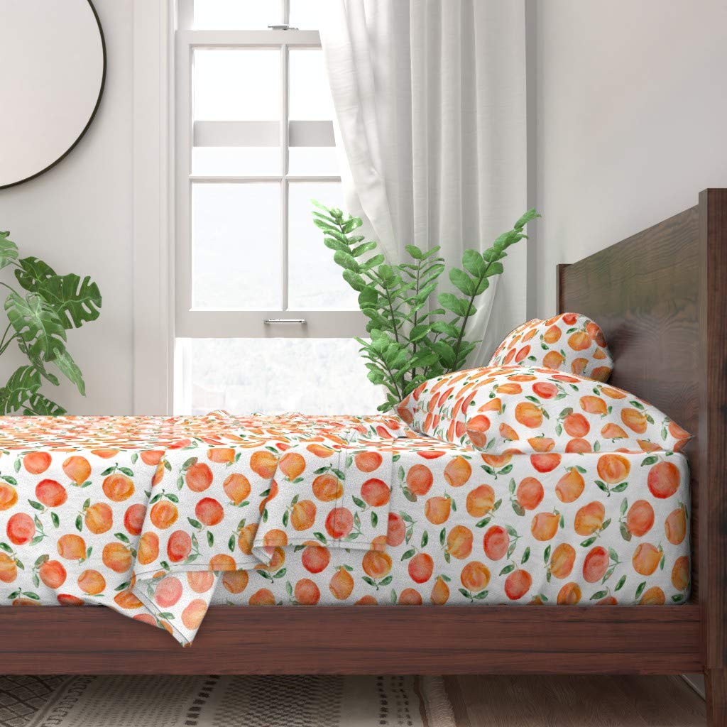 Watercolor Oranges 100% Cotton Twin Sheet Set - 3pc Summer Fruit & Citrus Print Custom Bedding for Kitchen & Fresh Home Decor | Soft & Breathable for Comfortable Sleep
