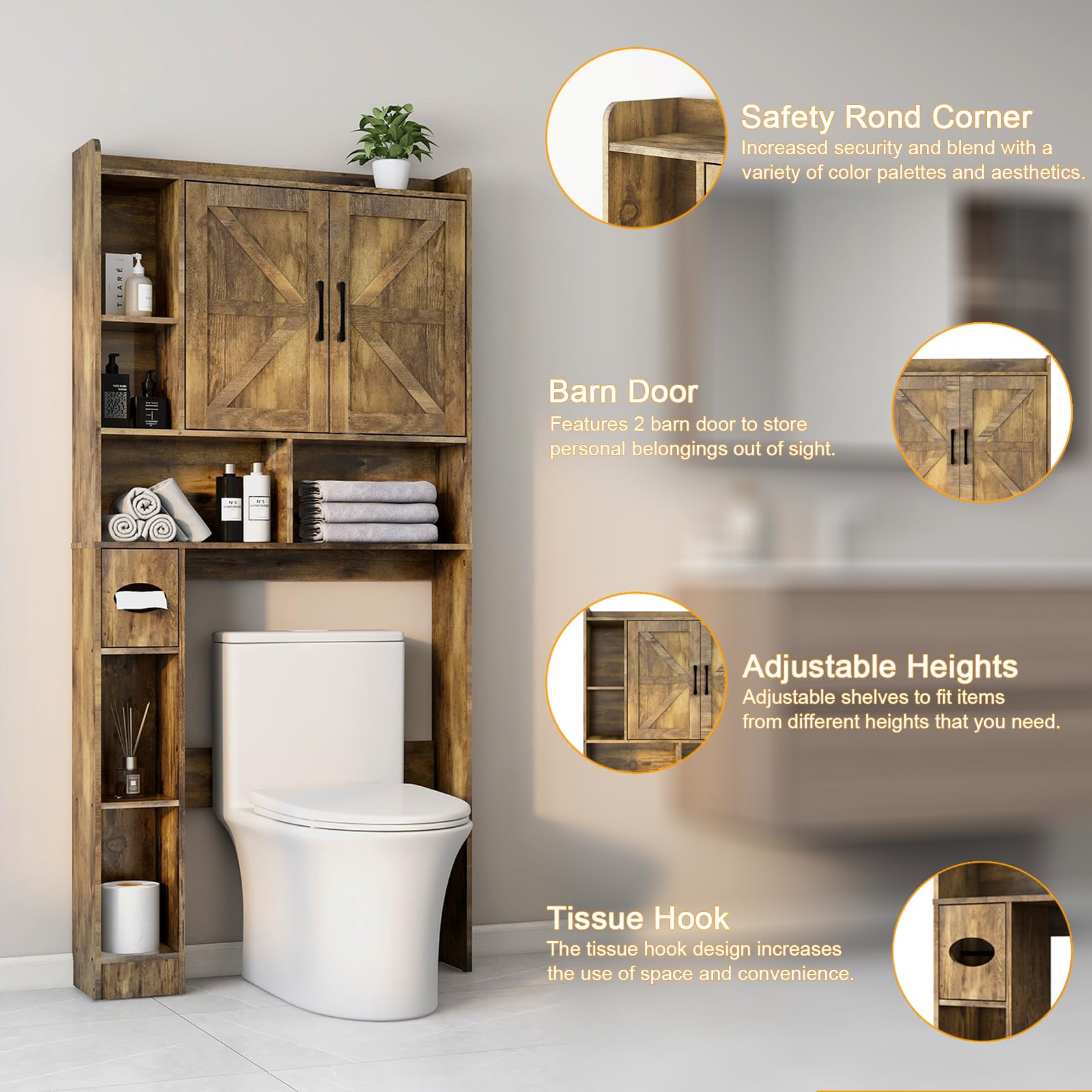 Farmhouse Over The Toilet Storage Cabinet with 2 Barn Doors & Toilet Paper Holder - Space-Saving Bathroom Organizer for Restroom, Laundry, and Small Spaces - Perfect for Towels, Toiletries, and Decorative Storage