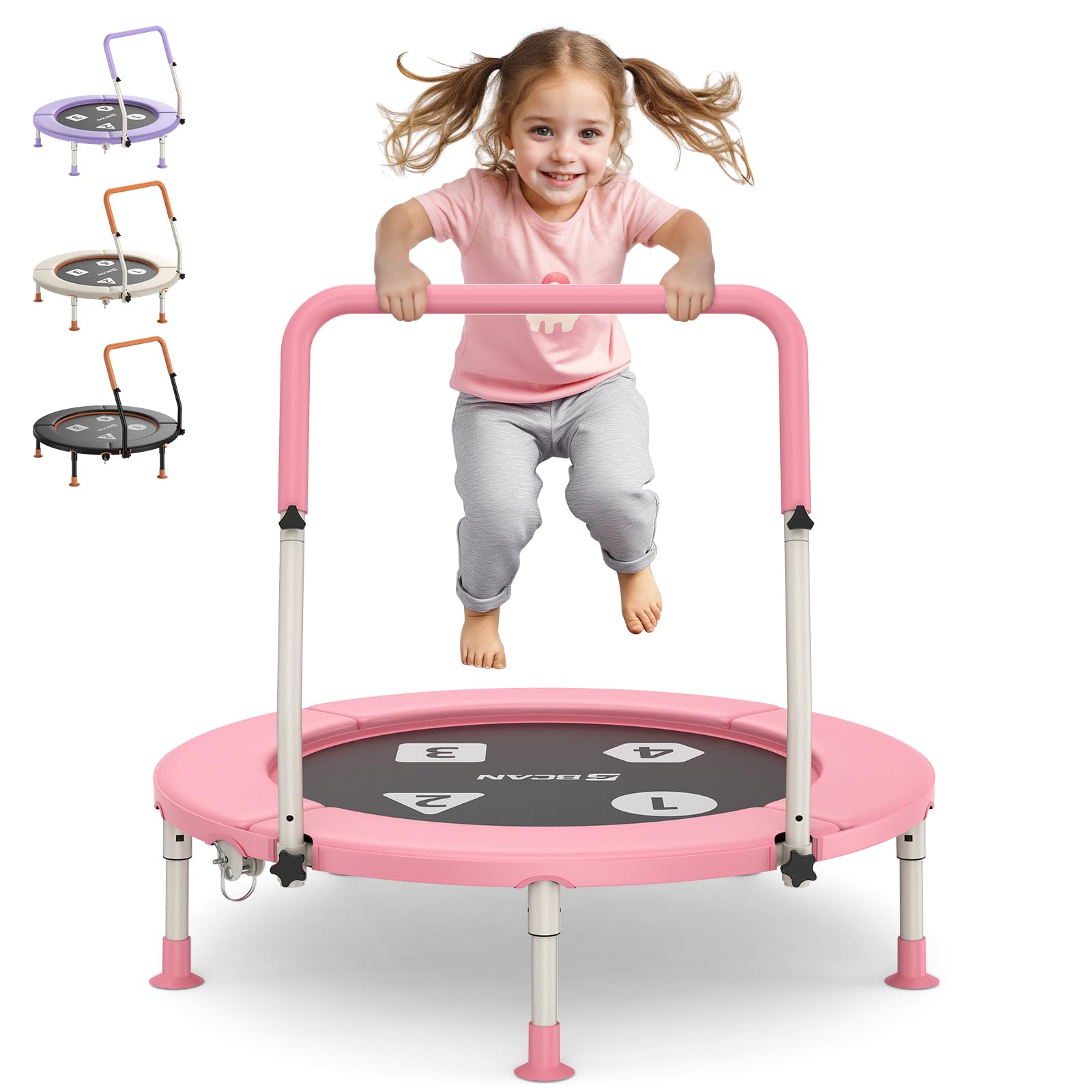 BCAN 36'' Foldable Toddler Trampoline with Adjustable Handle - Safe Mini Trampoline for Kids Ages 1-6 - Indoor/Outdoor Baby Jumping Toy with Safety Pad & Foldable Legs - Perfect Gift for Boys & Girls - Ideal for Playrooms, Backyards & Birthday Parties