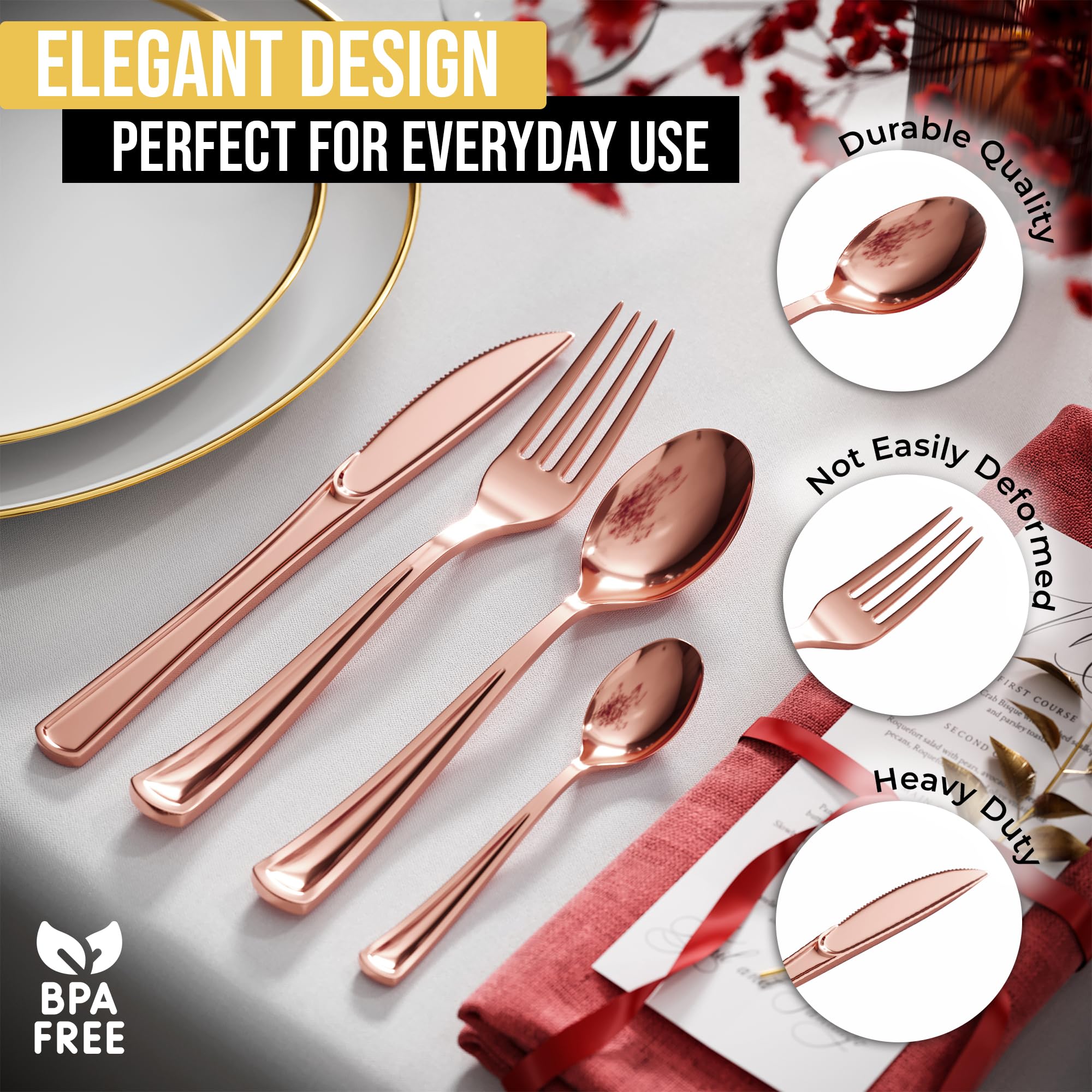 120 Pack Rose Gold Plastic Spoons Heavy Duty Disposable Cutlery - Elegant Disposable Silverware for Weddings, Parties, Catering & Special Events - Durable Rose Gold Plastic Spoons for Desserts, Cocktails & Elegant Dining