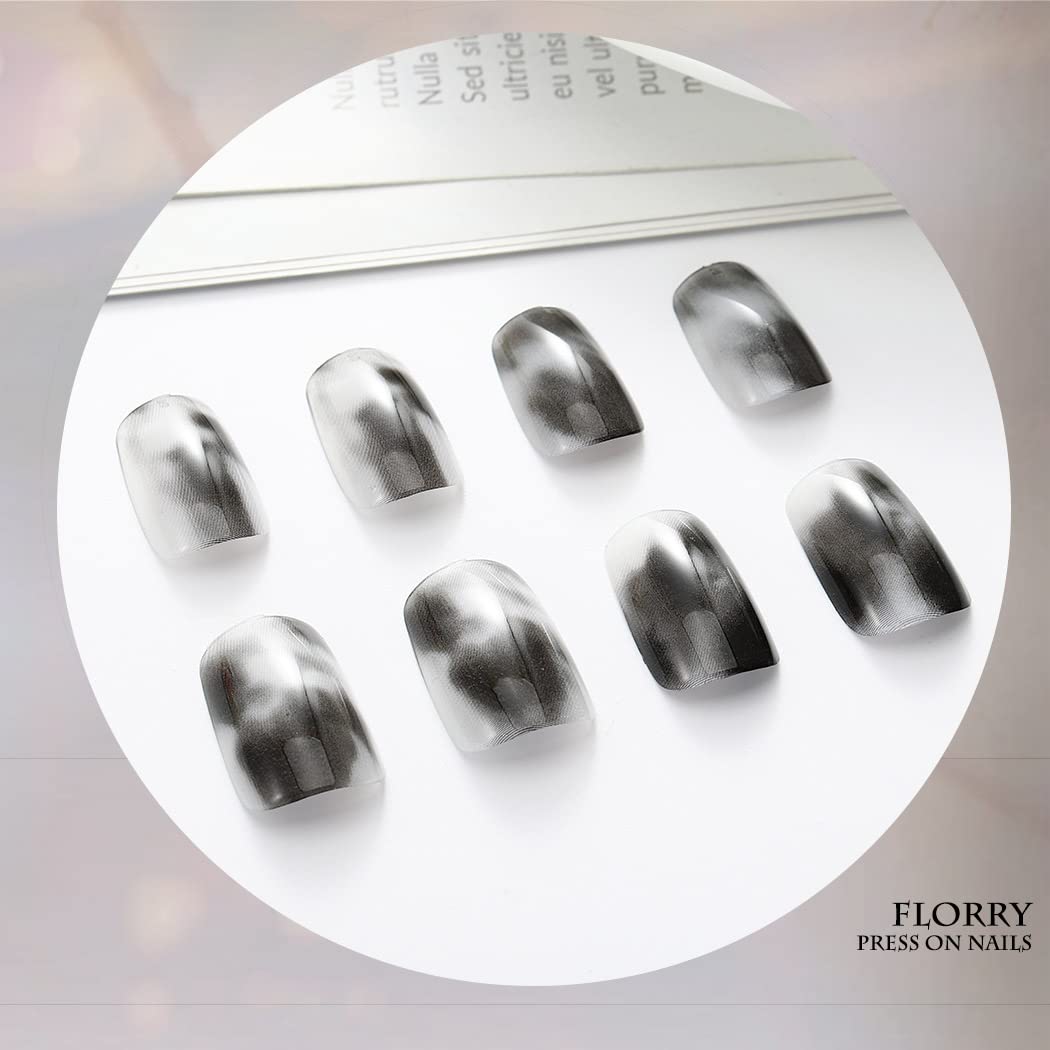 Florry Medium Square Press on Nails - 24PCS Long Acrylic Gray Fake Nails for Women, Full Cover Artificial Nails for Manicure, Party & Special Occasions
