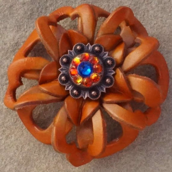 Orange Lotus Leather Flowers with 1 Crystal Concho - Handmade Boho Hair Accessories for Women, Wedding Headpieces, Festival Hair Clips - Perfect for Bridal, Boho Chic & Music Festival Outfits