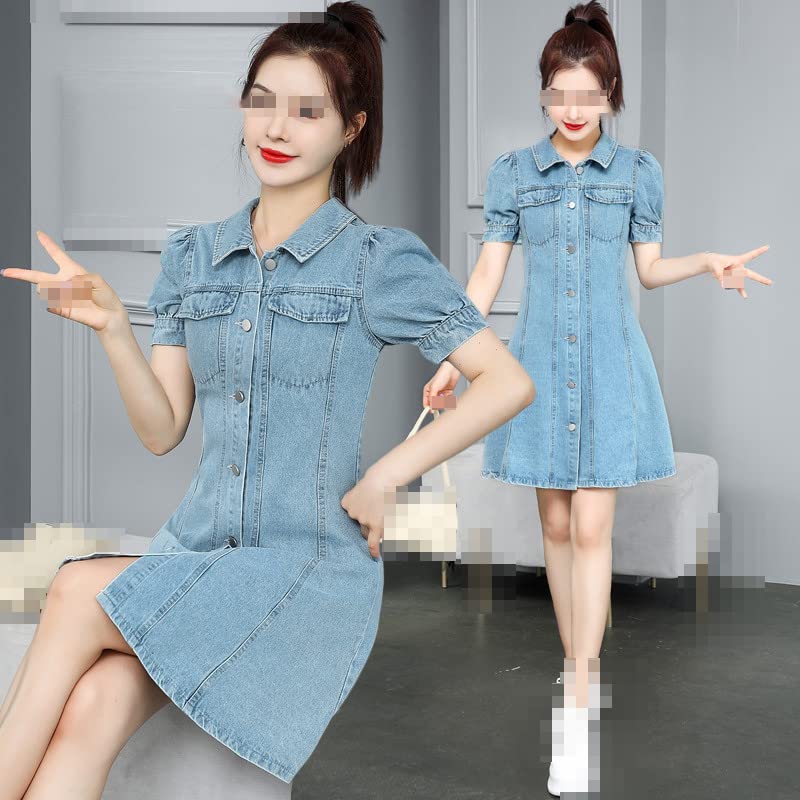 Stylish Women's Denim Jean Dress - Short Sleeve, Shirt Collar, Single Breasted Slim Fit Mini Dress in Blue | Perfect for Summer Outfits, Casual Wear & Beach Vacations