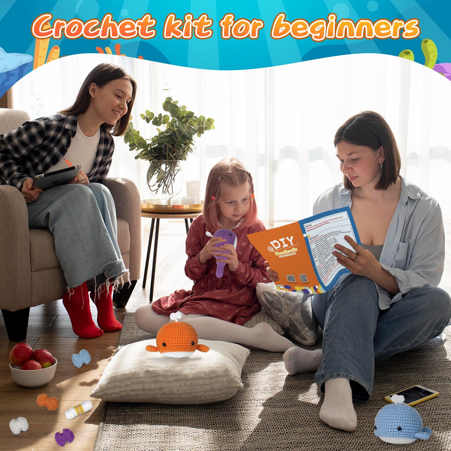 **AIDINGO 3PCS Whale Crochet Kit for Beginners – Complete DIY Crochet Animal Kit with Step-by-Step Video Tutorials for Adults, Kids, Men & Women – Perfect for Relaxation, Gifts & Crafting at Home**