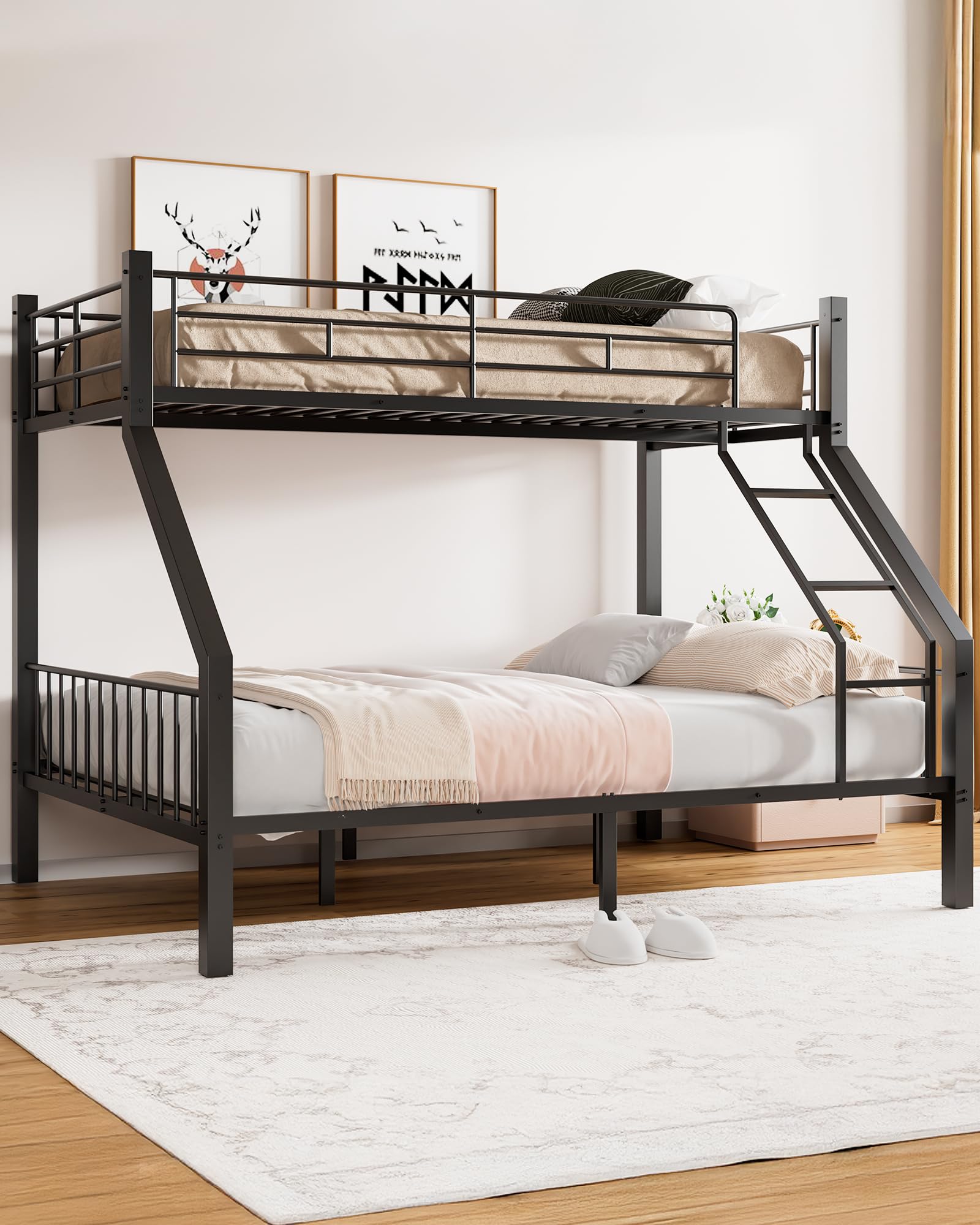 Twin XL Over Queen Bunk Bed - Heavy Duty Metal Frame with Safety Ladder & Full Guardrails - Sturdy Slat Support for Adults, Teens & Kids - Space Saving Black Bunk Bed for Dorms, Guest Rooms & Small Apartments