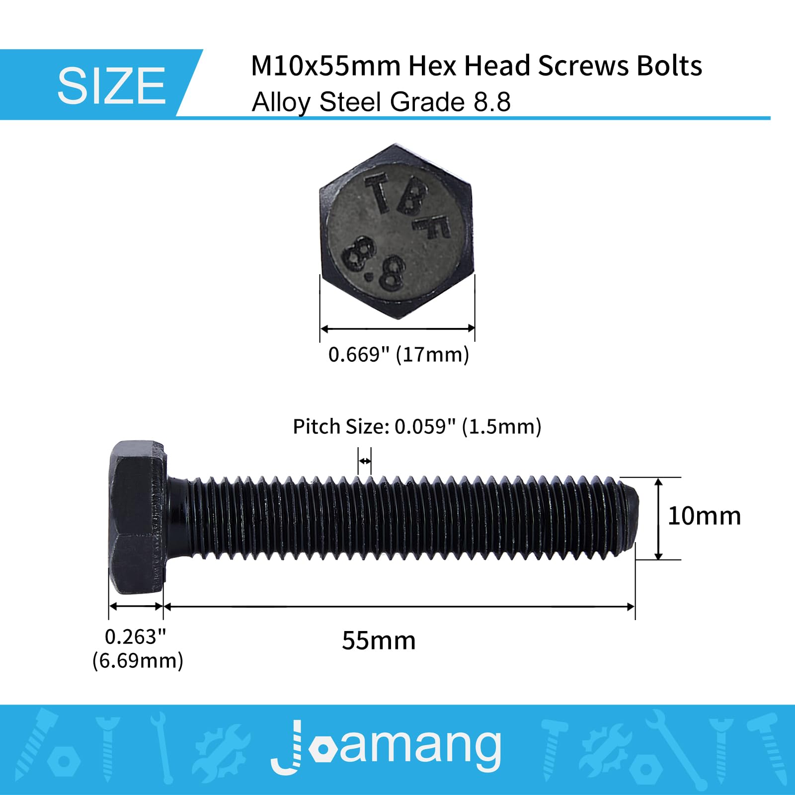 M10x55mm Hex Bolts 10Pcs - 8.8 Grade Alloy Steel for Machinery & Construction