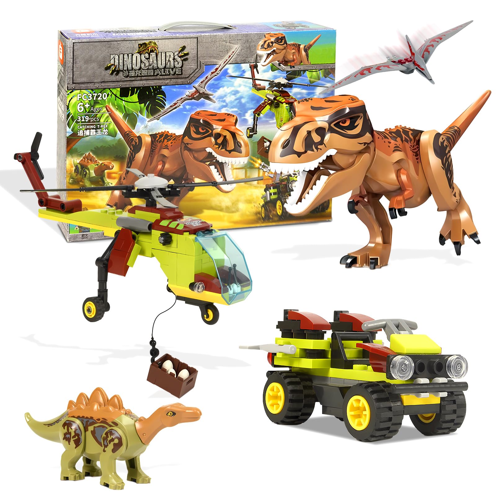 319 Pcs Jurassic Dinosaur Toys Set - Compatible with Lego Building Blocks, Dinosaur Park Playset for Kids Ages 8-14, T-Rex Chasing Adventure Toy for Boys & Girls - Perfect for Birthday Gifts, STEM Learning & Creative Play