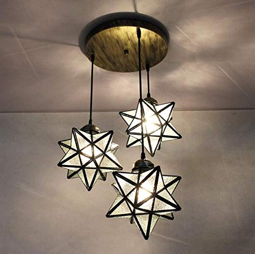 Teimi&Ritou 3-Light Round Base Moravian Star Chandelier - Iron Art Pendant Lamp with Crystal Glass for Dining Room, Living Room & Bedroom Lighting