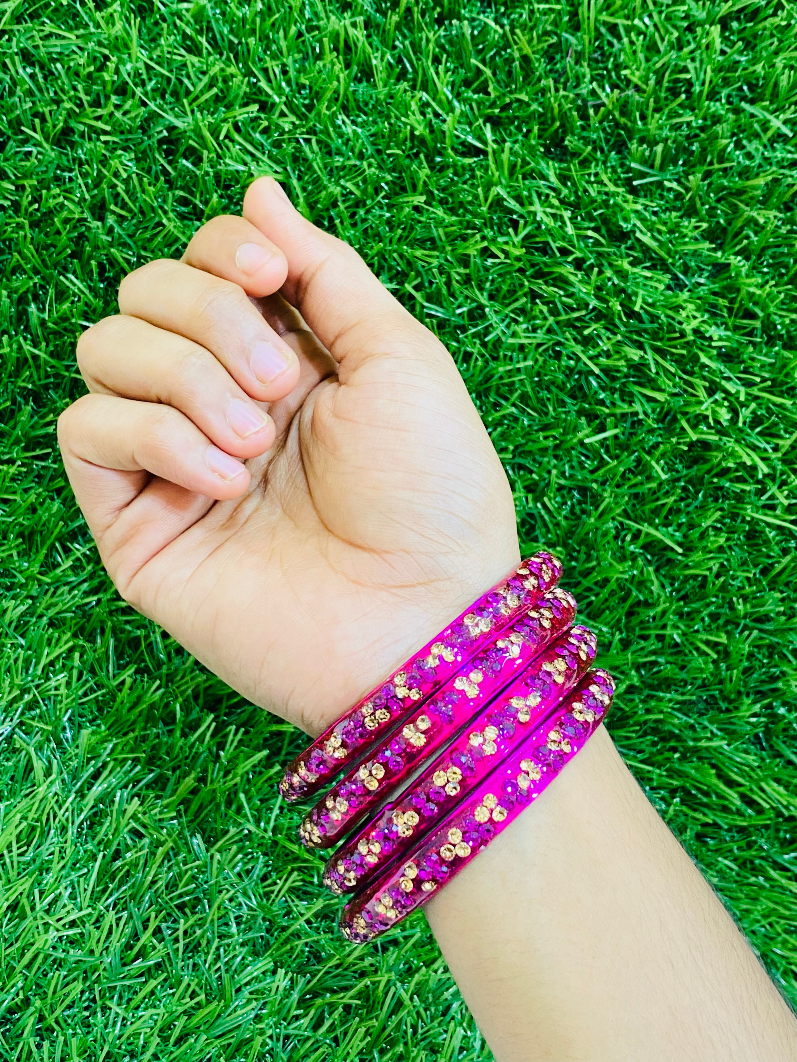 Elegant Rani Pink Glass Bangles with Stone Design for Women - Perfect for Weddings, Parties & Ethnic Fashion Accessories