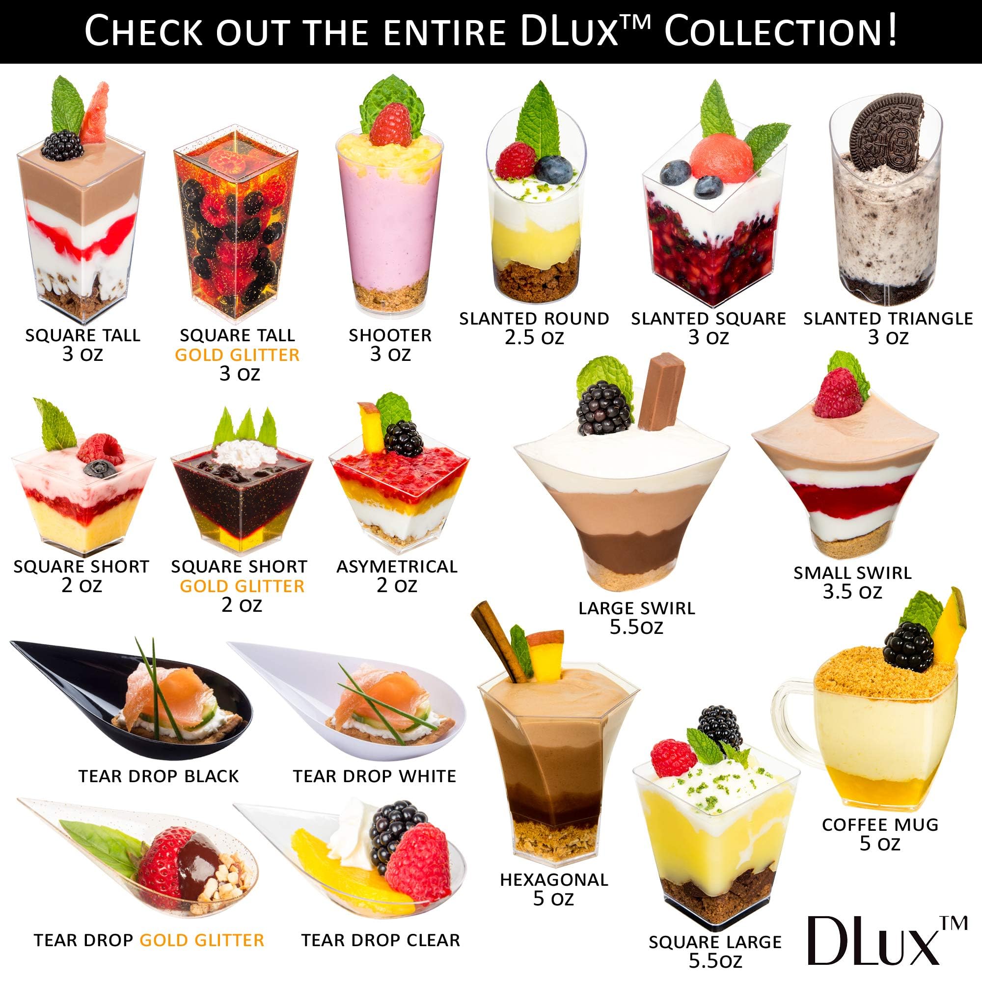 DLux 100 4-in-1 Mini Appetizer Plates with Reusable White Plastic Spoons - Elegant Dessert and Appetizer Serving Set for Parties, Catering, and Tea Time - Includes Free Recipe Ebook - Perfect for Asian Cuisine, Small Bites, and Tasting Events