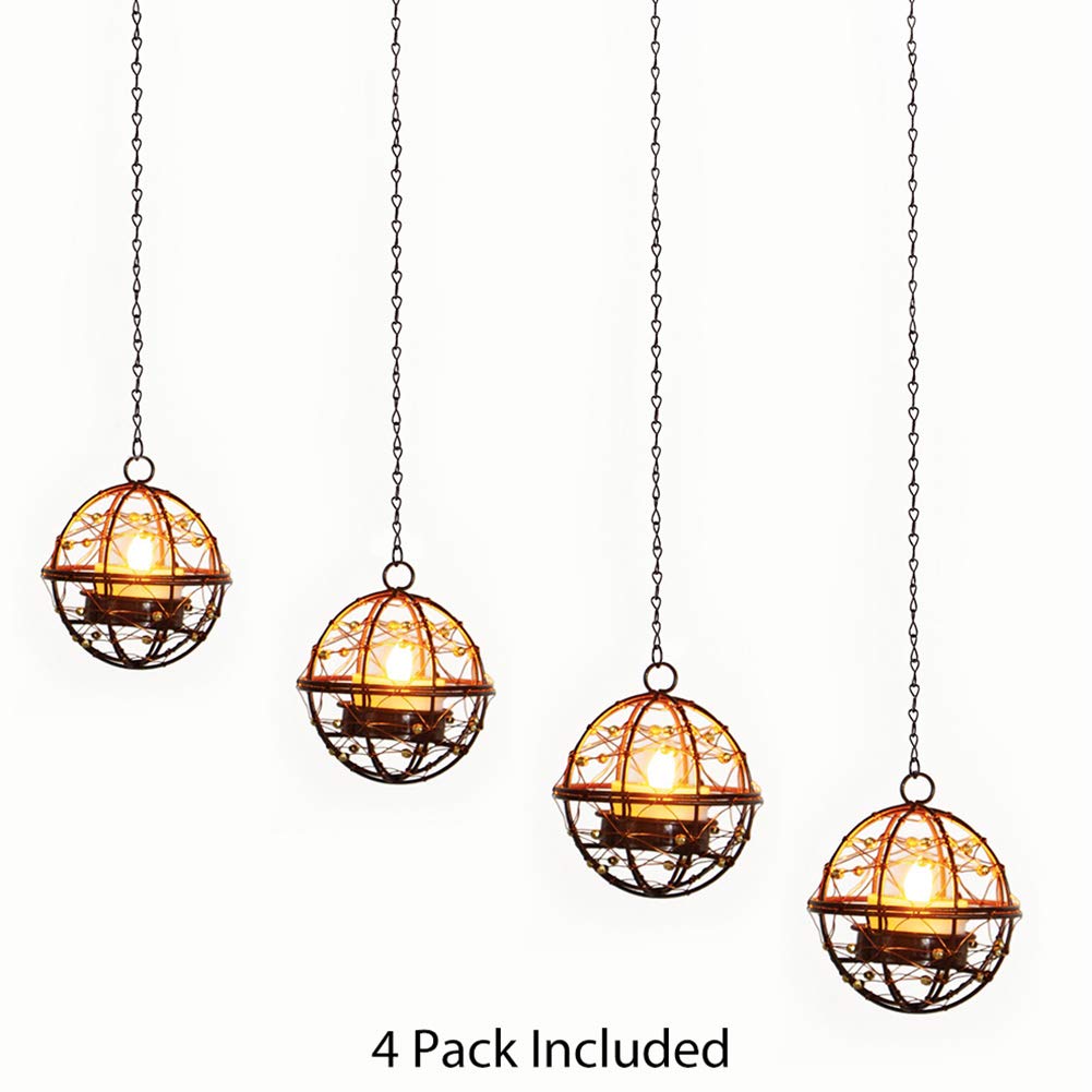 Solar Powered Hanging Lanterns Outdoor Decor - 4 Pack Copper Wire Beaded Ball Candle Holders with LED Tea Lights for Garden, Patio, Pergola, Backyard, Wedding & Party Decoration