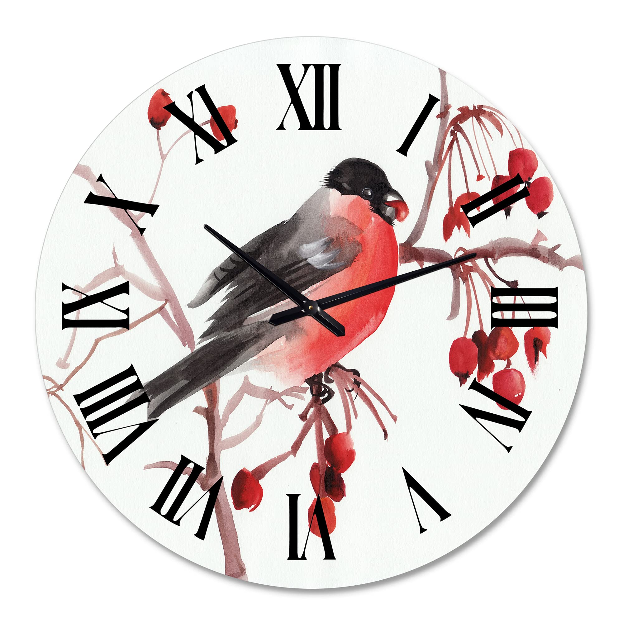 Large Traditional Wall Clock 'Bullfinch Bird On A Branch' - Decorative Animal Wall Clock for Living Room, Bedroom & Office - Silent Non-Ticking Home Decor