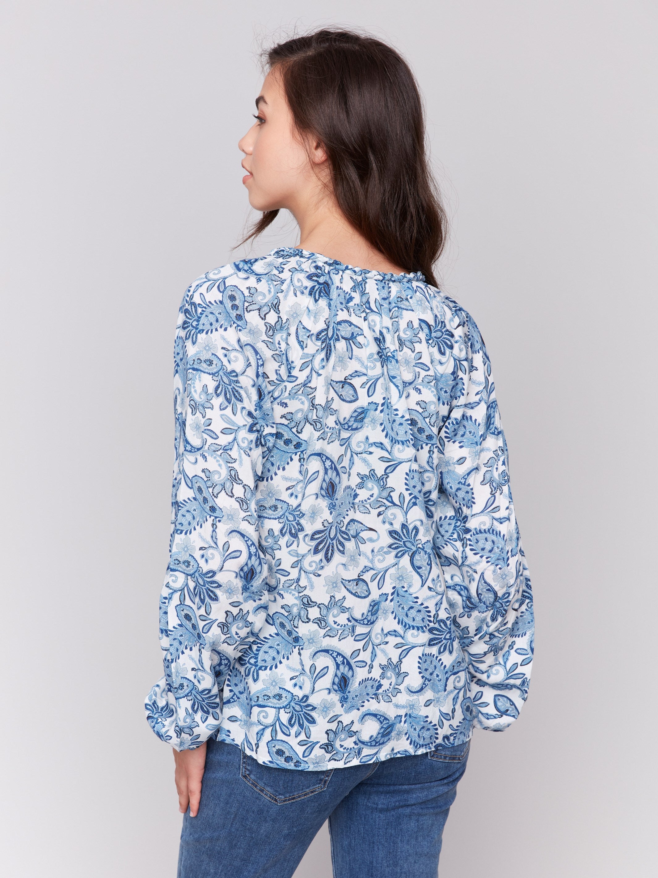 Printed Viscose Long Sleeve Popover Blouse for Women - Comfortable Azure Blue Tunic Top - Perfect for Office Wear & Casual Outfits