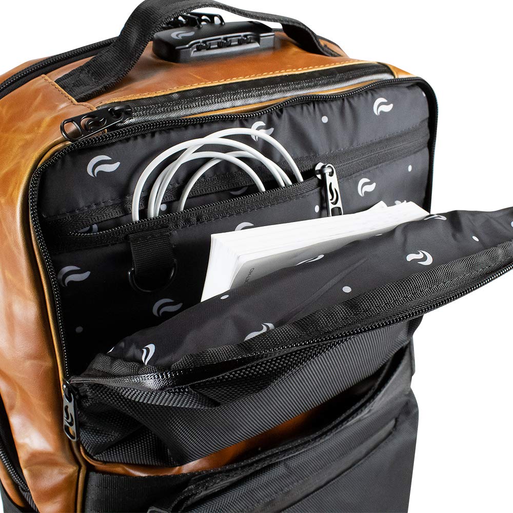 Skunk SoHo Smell Proof Backpack - Waterproof & Weather Resistant Travel Backpack with Combination Lock - Black Leather Design for Outdoor, Hiking & Airport Security