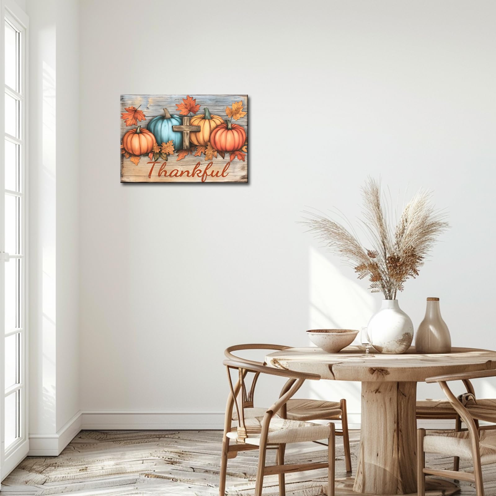 Fall Pumpkin Canvas Wall Art - Thanksgiving & Halloween Decor, Farmhouse Christian Print with Fall Leaves & Thankful Phrase - Framed Picture for Living Room, Bedroom, or Entryway Decor
