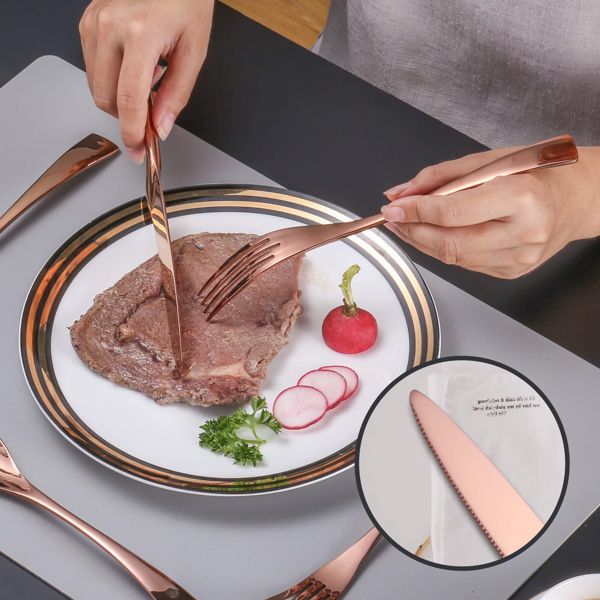 24-Piece Rose Gold Silverware Set with Steak Knives - Forged 18/10 Stainless Steel Cutlery Set for 4 - Modern Heavy Duty Flatware Utensils Set - Dishwasher Safe - Perfect for Dinner Parties, Weddings & Everyday Dining