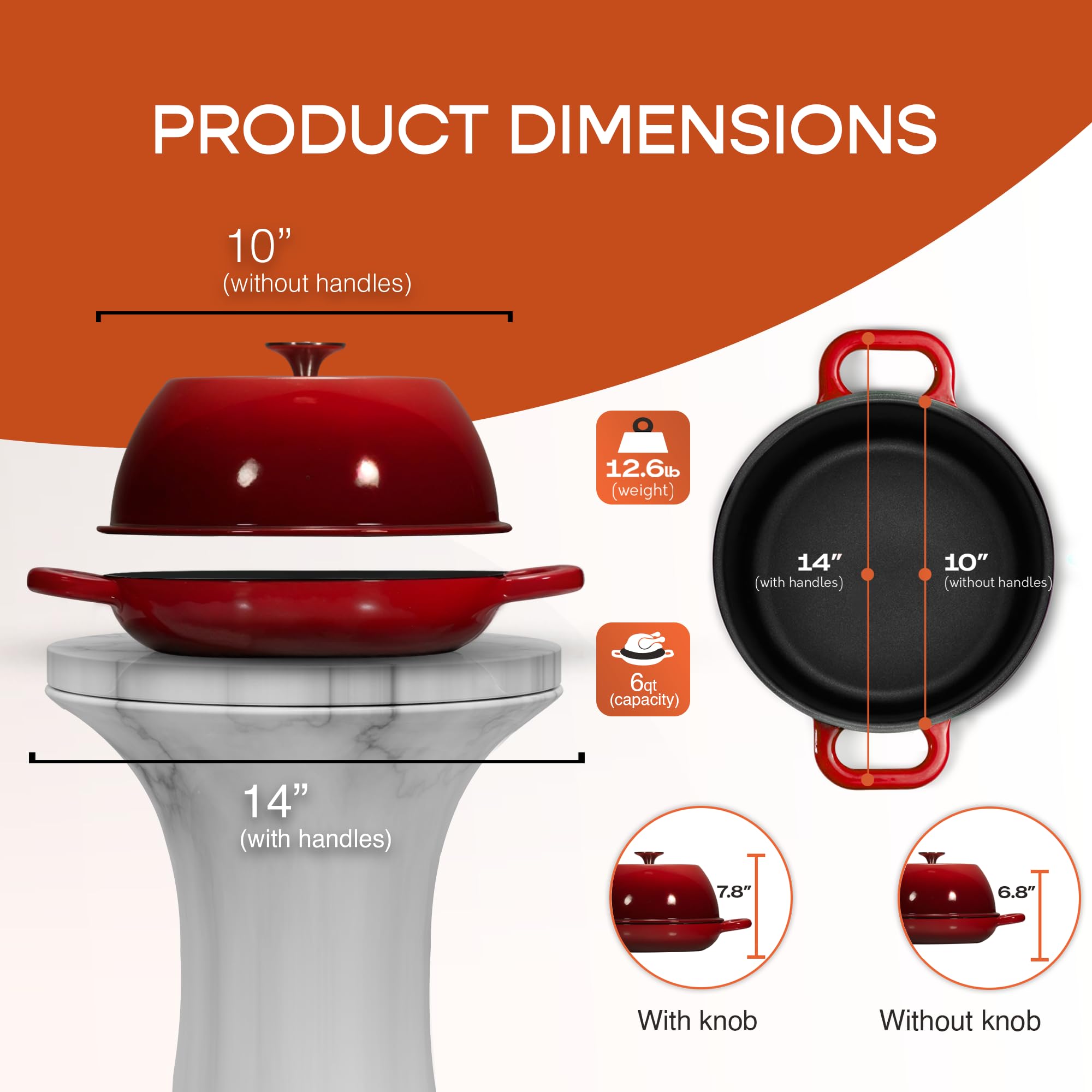 Premium 6 Quart Enameled Cast Iron Dutch Oven with Lid - 10 Inch Thick Ceramic Coated Cookware Set for Sourdough Bread Baking | Non-Stick Surface & Includes Silicone Baking Mat | Perfect for Oven, Stovetop & Camping Cooking (Red)