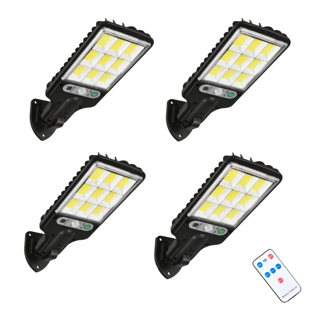 4 Pack Solar Street Lights Outdoor - Waterproof Motion Sensor Security Lights with 3 Lighting Modes | Solar Powered Parking Lot & Wall Lights for Garden, Garage, Pathway (Dusk to Dawn Auto On/Off) - Perfect for Home Security & Landscape Lighting