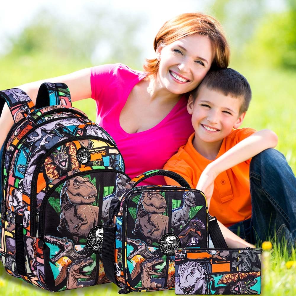 Durable 3PCS Water-Resistant 17 Inch Laptop Backpack for Men & College Students - Anti-Theft Dinosaur Design School Bookbag for Teen Boys - Perfect for Travel, Work & Campus Use