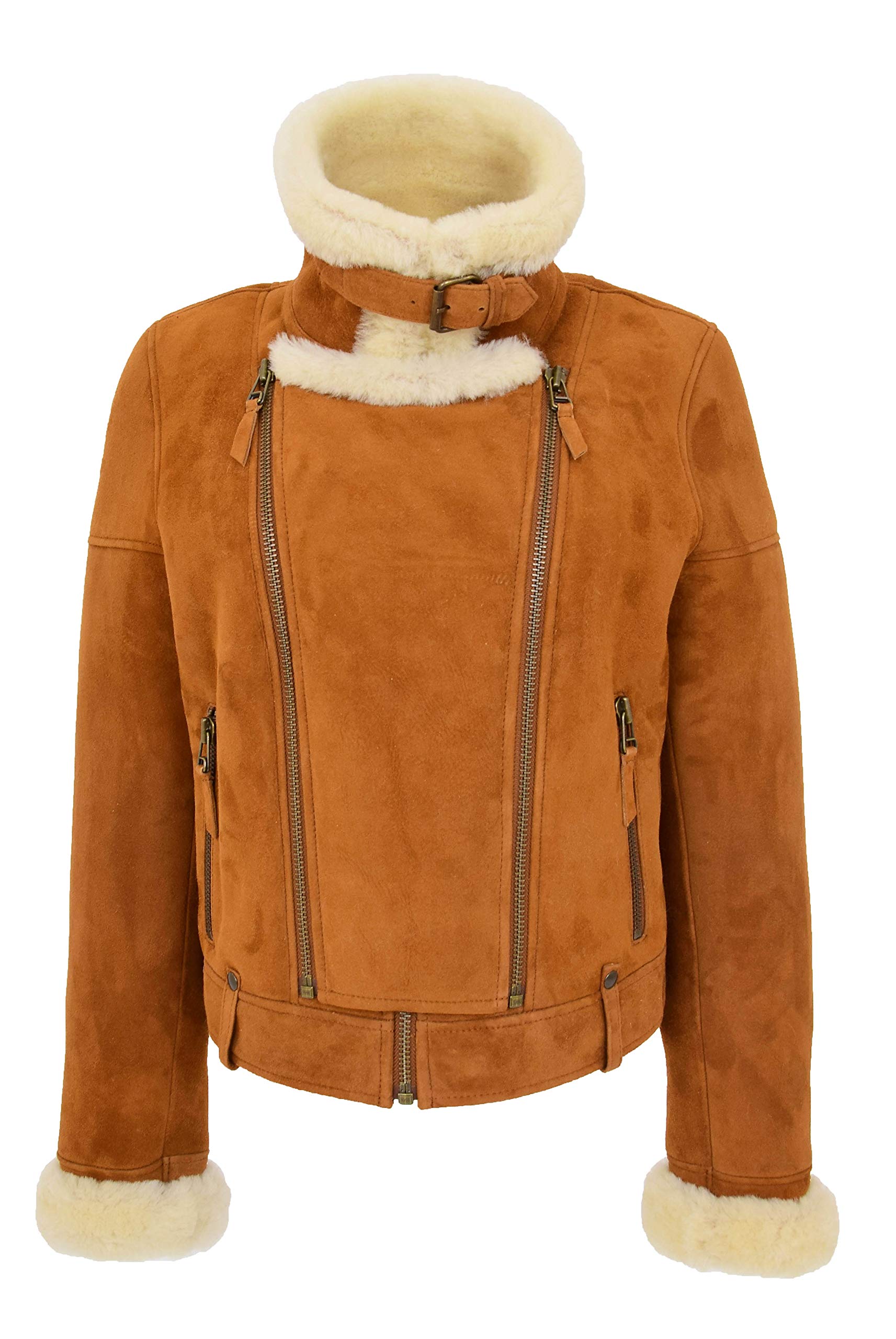 Genuine Sheepskin Aviator Jacket for Women - Double Faced Merino Shearling Coat in Cognac & Poppy | Winter Outerwear, Casual & Travel Fashion
