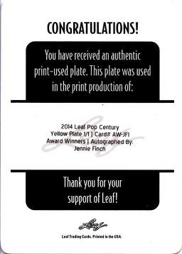 2014 Leaf Award Winner Jennie Finch Autographed Softball Card - 1/1 Yellow Printing Plate Certified - Perfect for Baseball Memorabilia Collections & Sports Fans Gifts