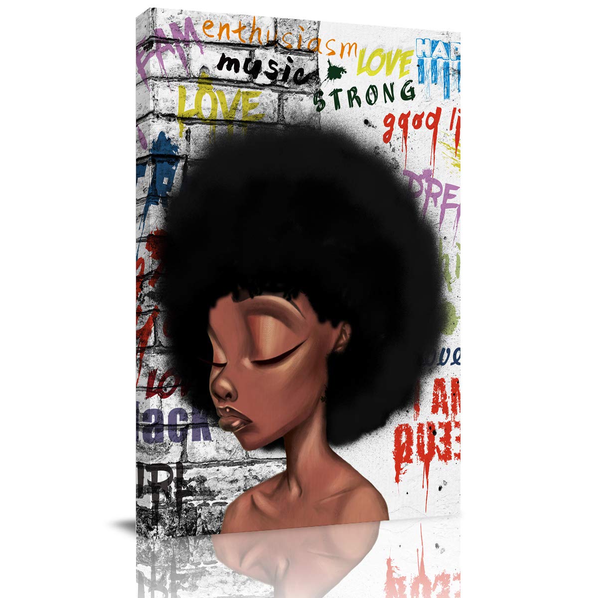 African Women Lips Graffiti Canvas Print Wall Art - Modern Stretched & Framed Giclee Painting for Kitchen, Bathroom, Office, Living Room, Bedroom & Hallway Decor (28x40 Inches) - Perfect for Bohemian Home Decor & Urban Art Lovers