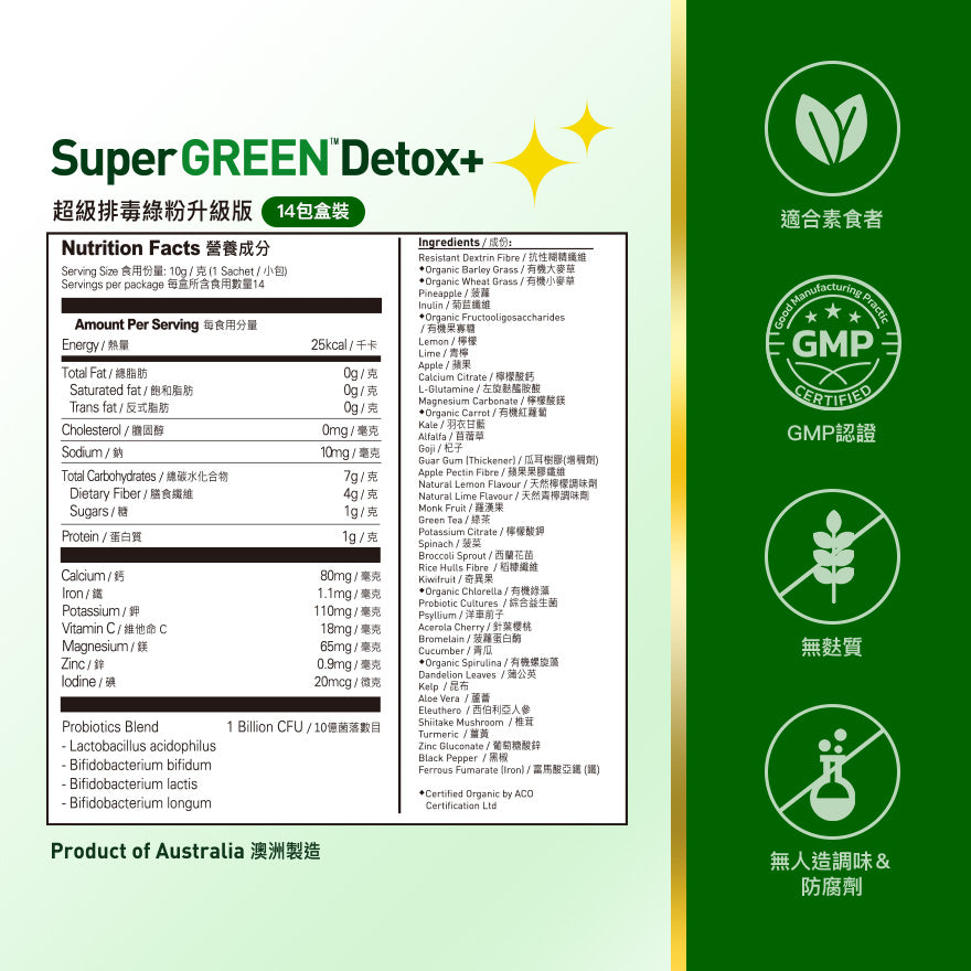 SuperGREEN Detox+ Superfood Powder - Advanced Formula for Cleansing & Energy - 14 Single-Serve Packets - Perfect for Daily Detox, Weight Management & Gut Health Support