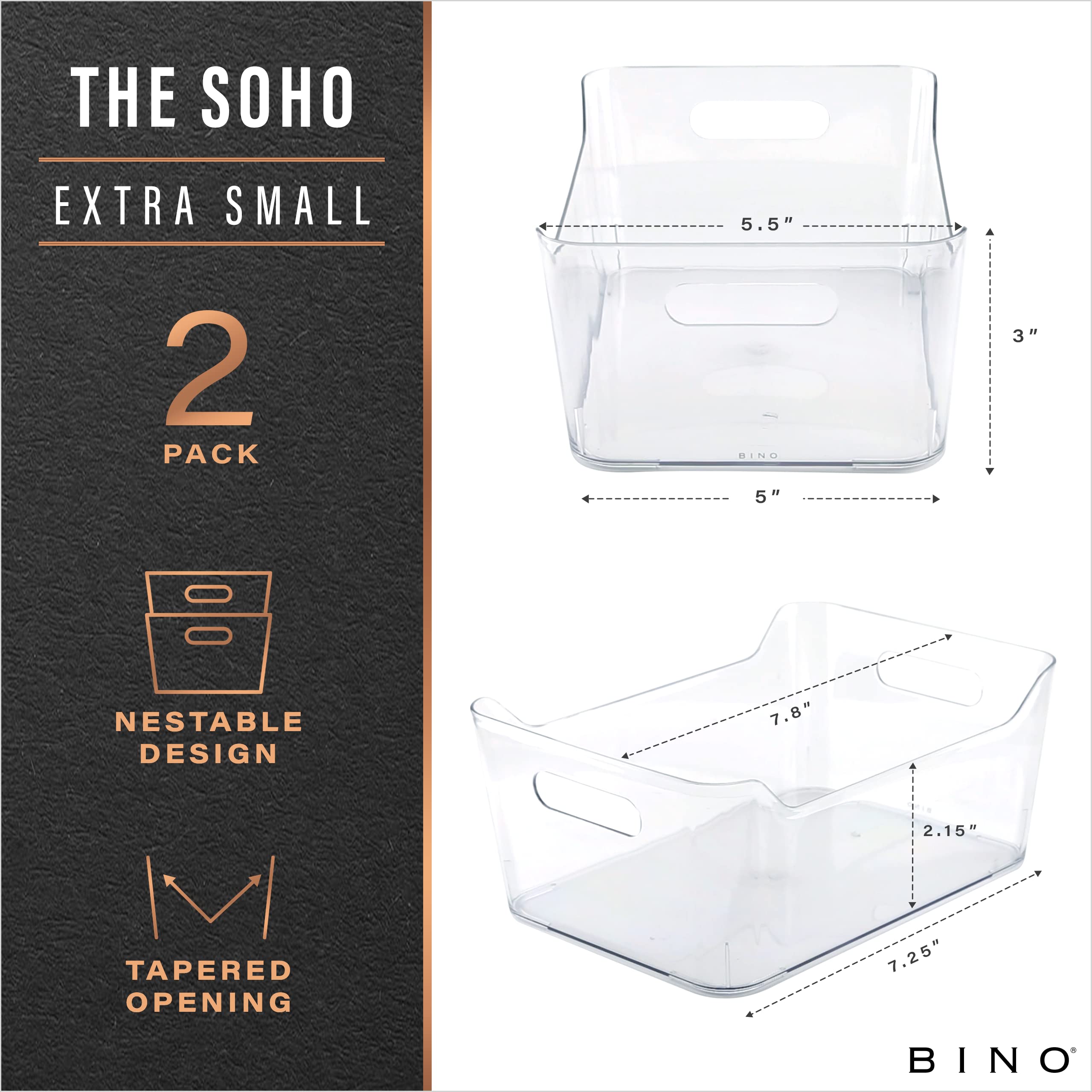 BINO Clear Plastic Storage Bins - 2 Pack X-Small | Pantry, Fridge & Cabinet Organizers | Space-Saving Kitchen & Bathroom Storage Containers for Food, Medicine & Household Items
