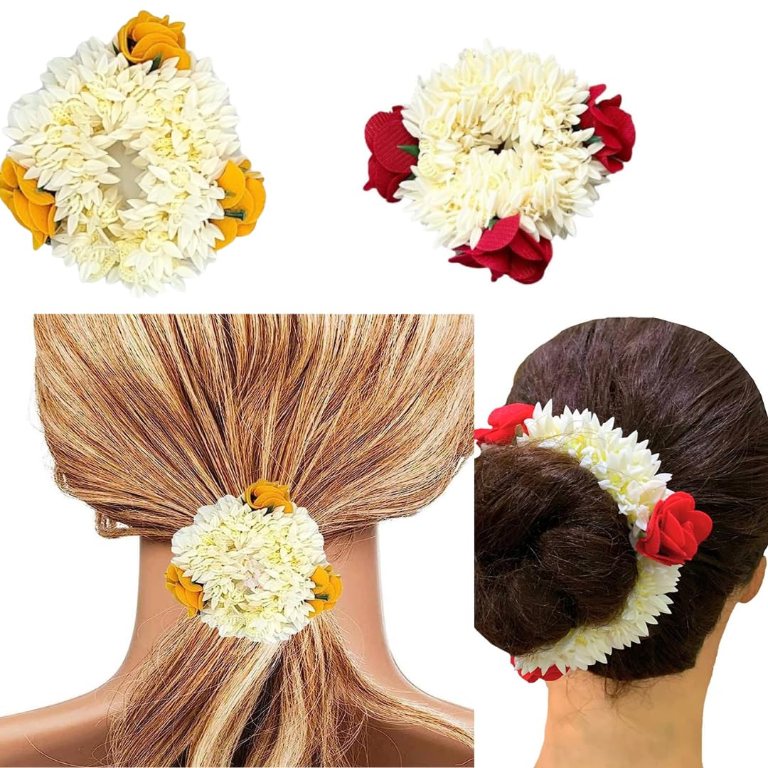 2 Pcs Mogra Scented Hair Bands for Women - Hair Bun & Scrunchies Accessories (Yellow/Red) - Perfect for Parties & Weddings