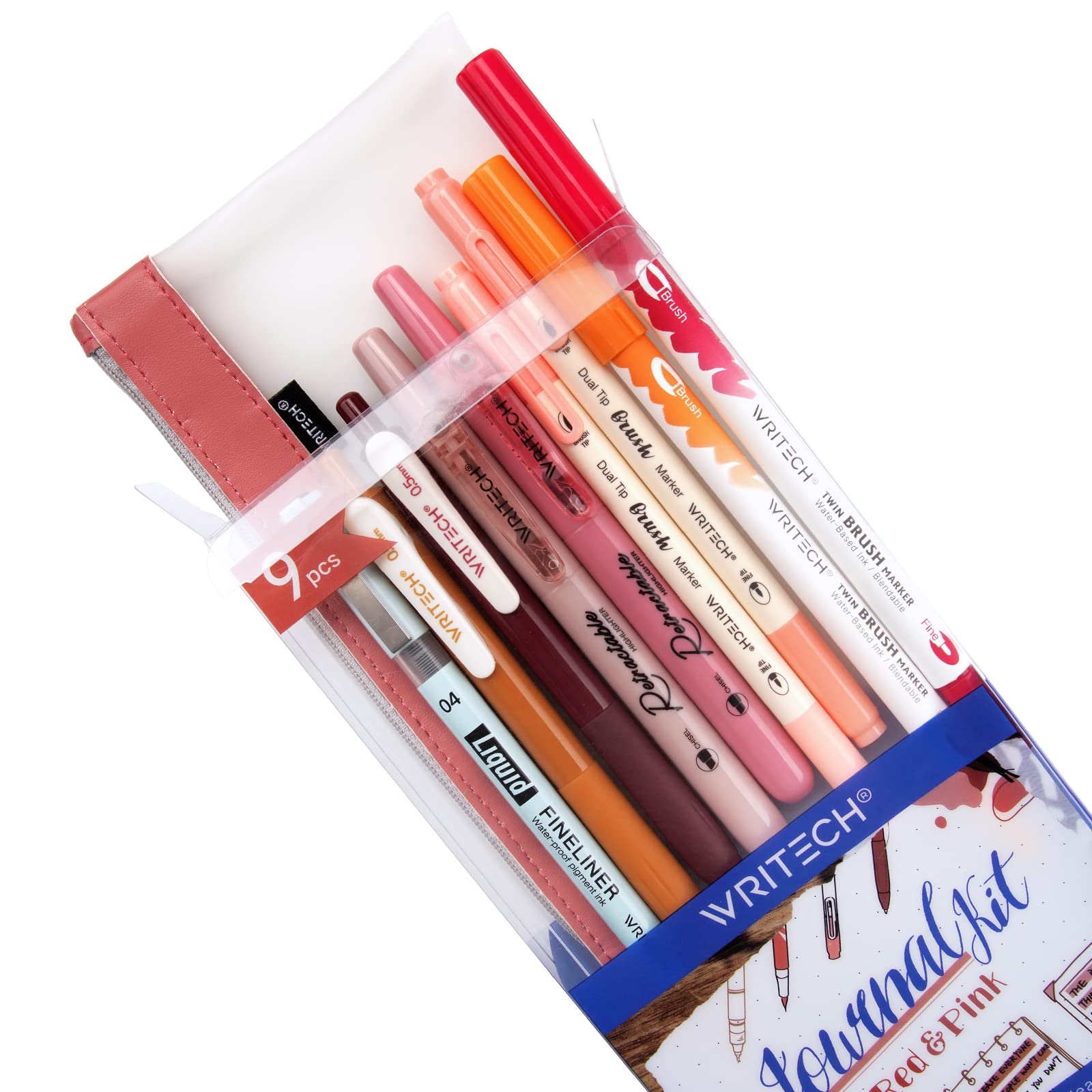 WRITECH Journaling Kit - 9-Piece Set with Gel Pens, Retractable Highlighters, Dual Tip Brush Pens & Fineliner Pens | Smooth Writing, Assorted Colors | Perfect for Bullet Journaling, Note Taking, Scrapbooking & Art Projects | Includes Elegant Red & Pink Pen Bag