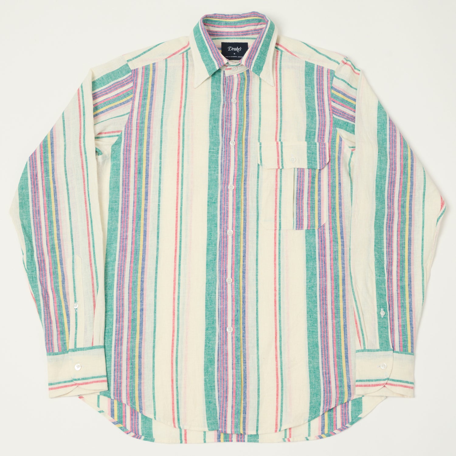 Drake's Striped Linen Cotton Summer Shirt for Men - Breathable Casual Button Down Shirt in Purple, Ecru & Green - Perfect for Beach Vacations, Outdoor Parties & Summer Weddings