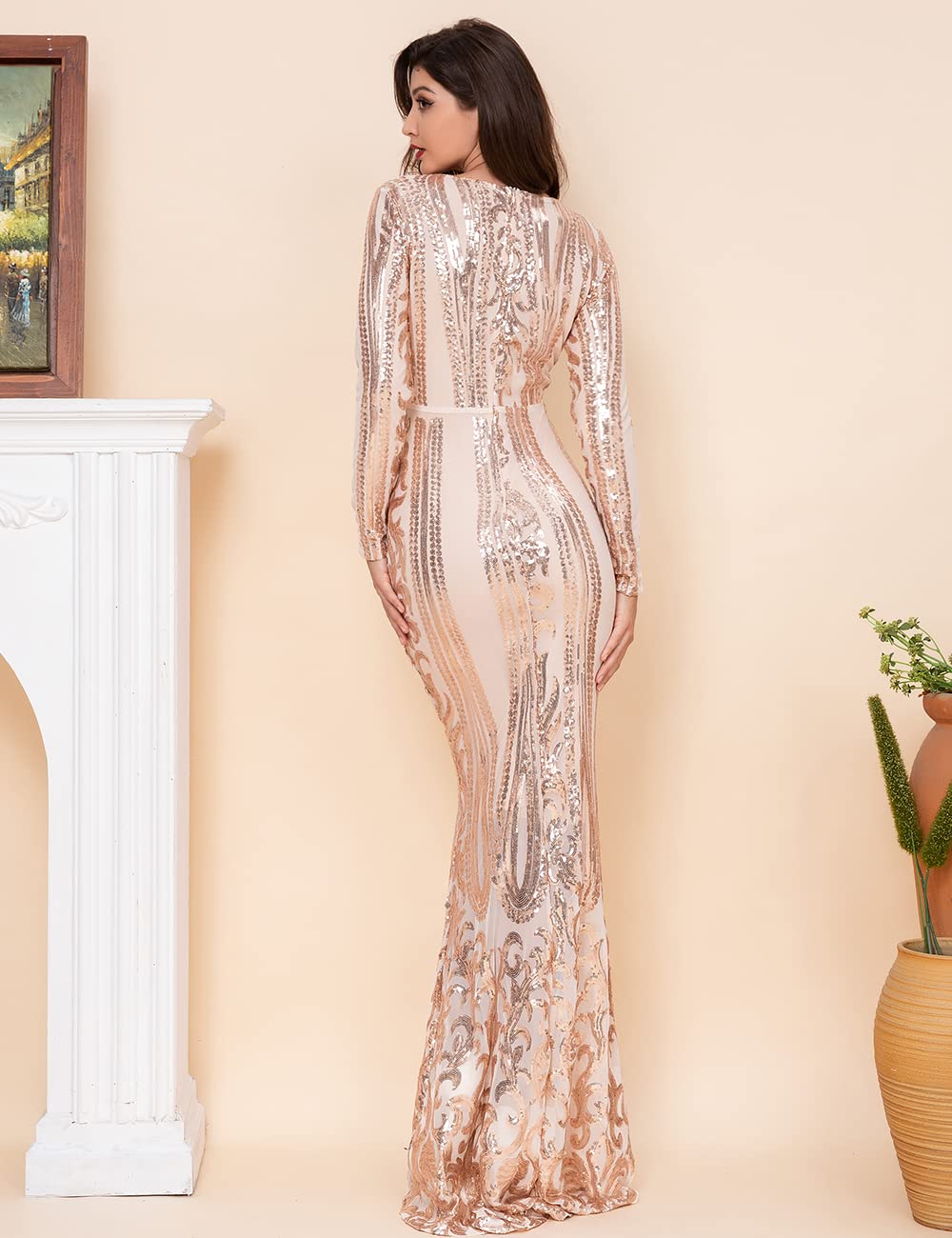Elegant Women's Long Sleeve Sequins Mermaid Gown - Formal Prom Party Evening Dress for Special Occasions | Perfect for Weddings, Galas, and Red Carpet Events