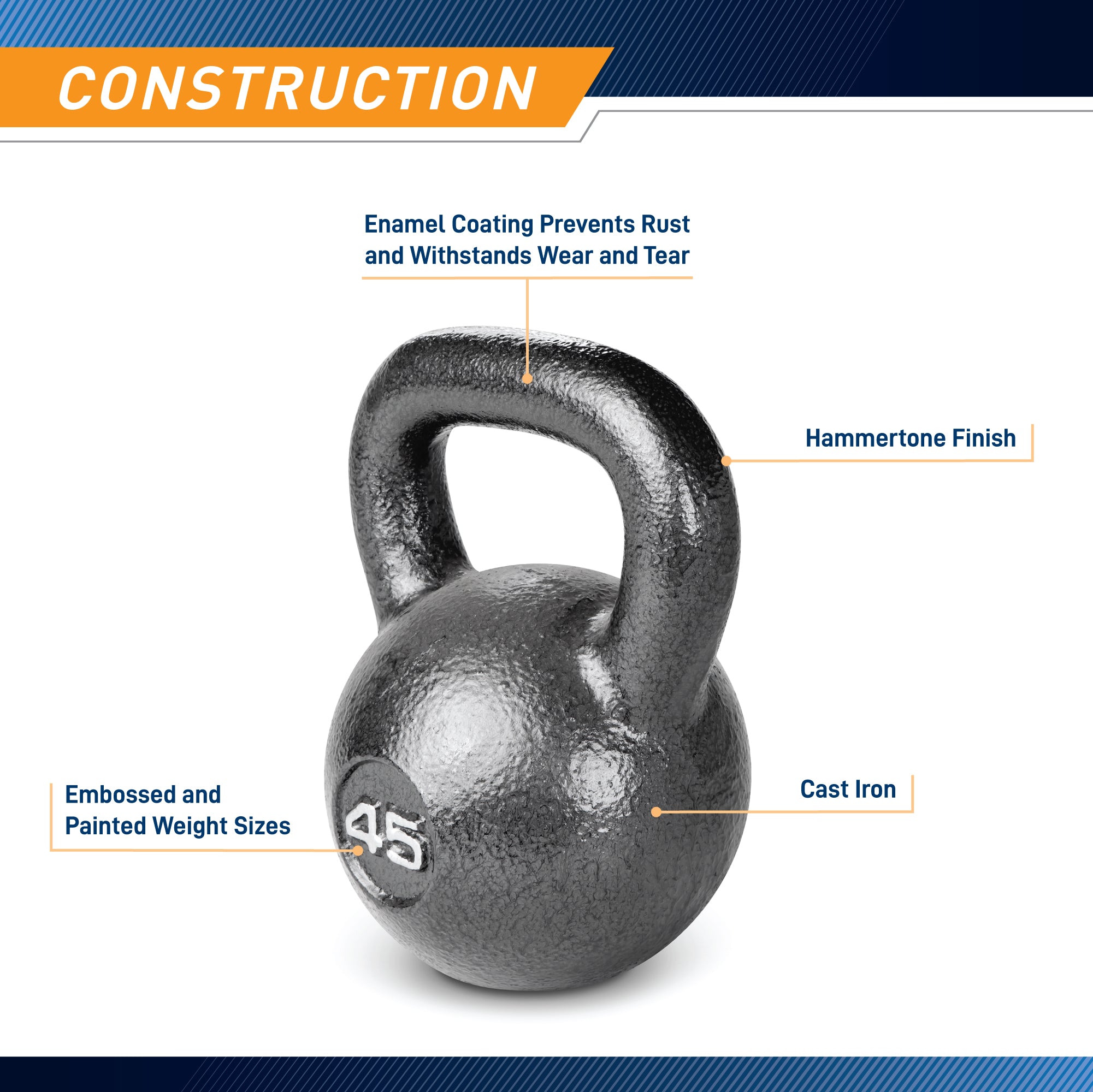 45lb Hammertone Kettlebell - Heavy Duty Cast Iron Kettle Bell for Strength Training, CrossFit, and Home Gym Workouts | Perfect for Weightlifting, HIIT, and Functional Fitness Exercises