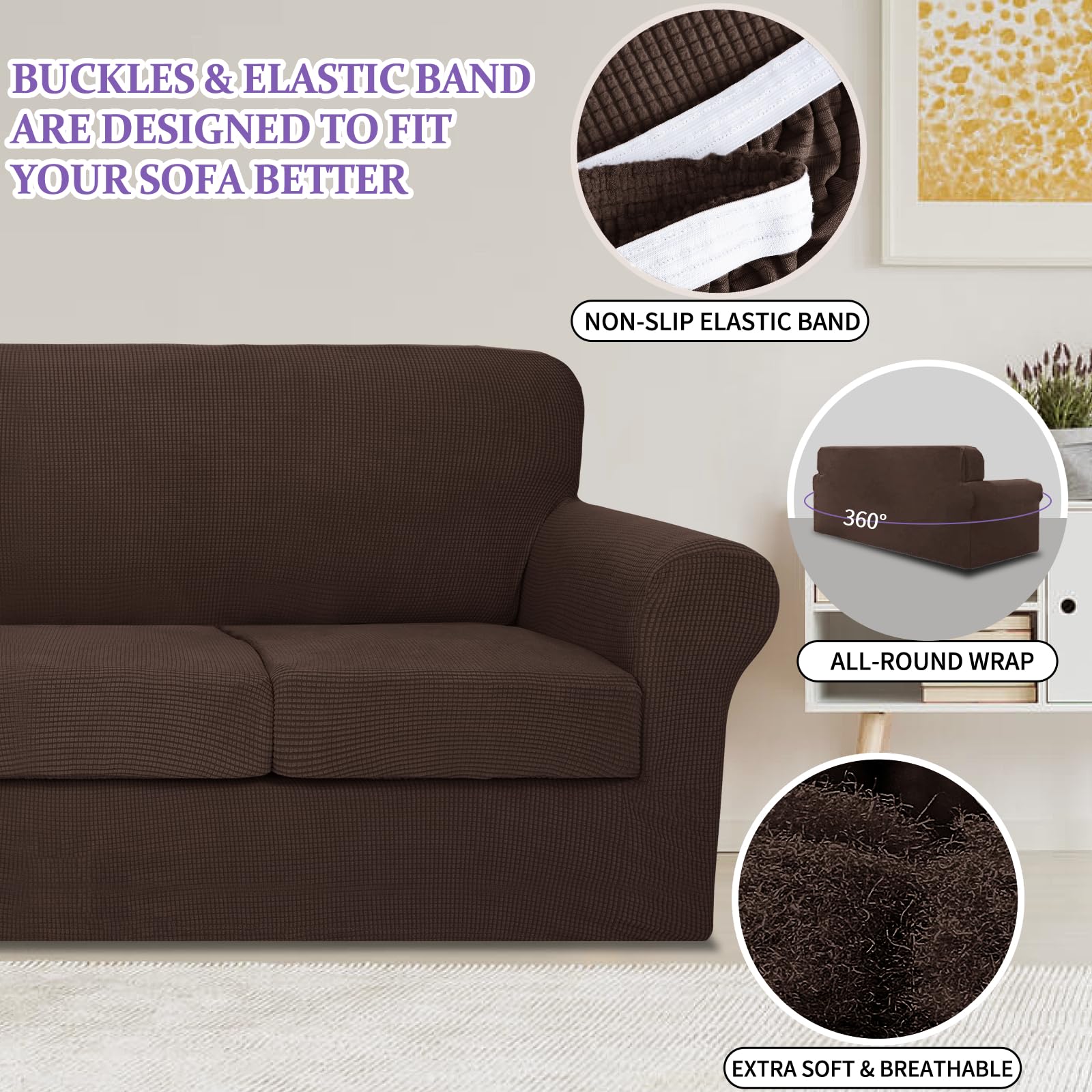 ZNSAYOTX 3-Piece Stretch Jacquard Loveseat Slipcovers - Spandex Sofa Cover for 2-Cushion Couches, Coffee Checkered Furniture Protector - Perfect for Living Room, Apartment & Small Space Decor
