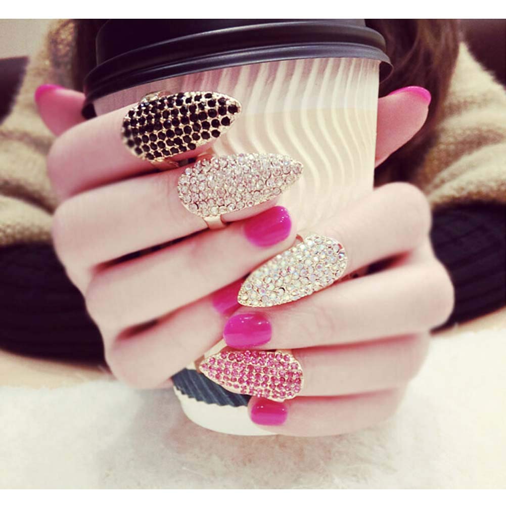 Rhinestone Nail Rings - Full Nail Caps with Colorful Finger Joint Charms | Elegant Nail Art Accessories for Parties, Weddings & Special Occasions