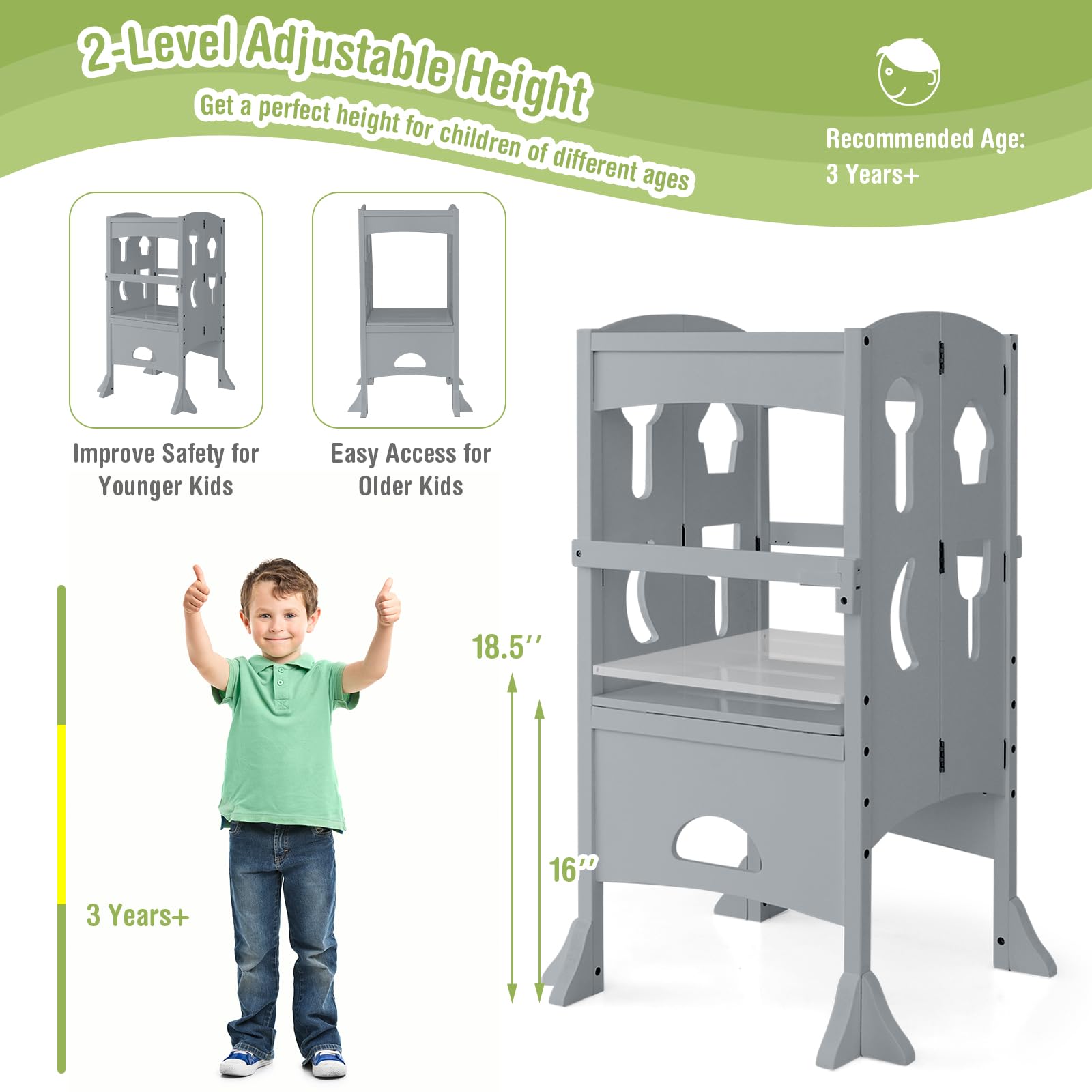 HONEY JOY Foldable Wooden Kitchen Step Stool for Toddlers & Kids with Safety Rail - Montessori Learning Tower for Kitchen Counter - Gray - Perfect for Cooking, Baking & Learning Independence