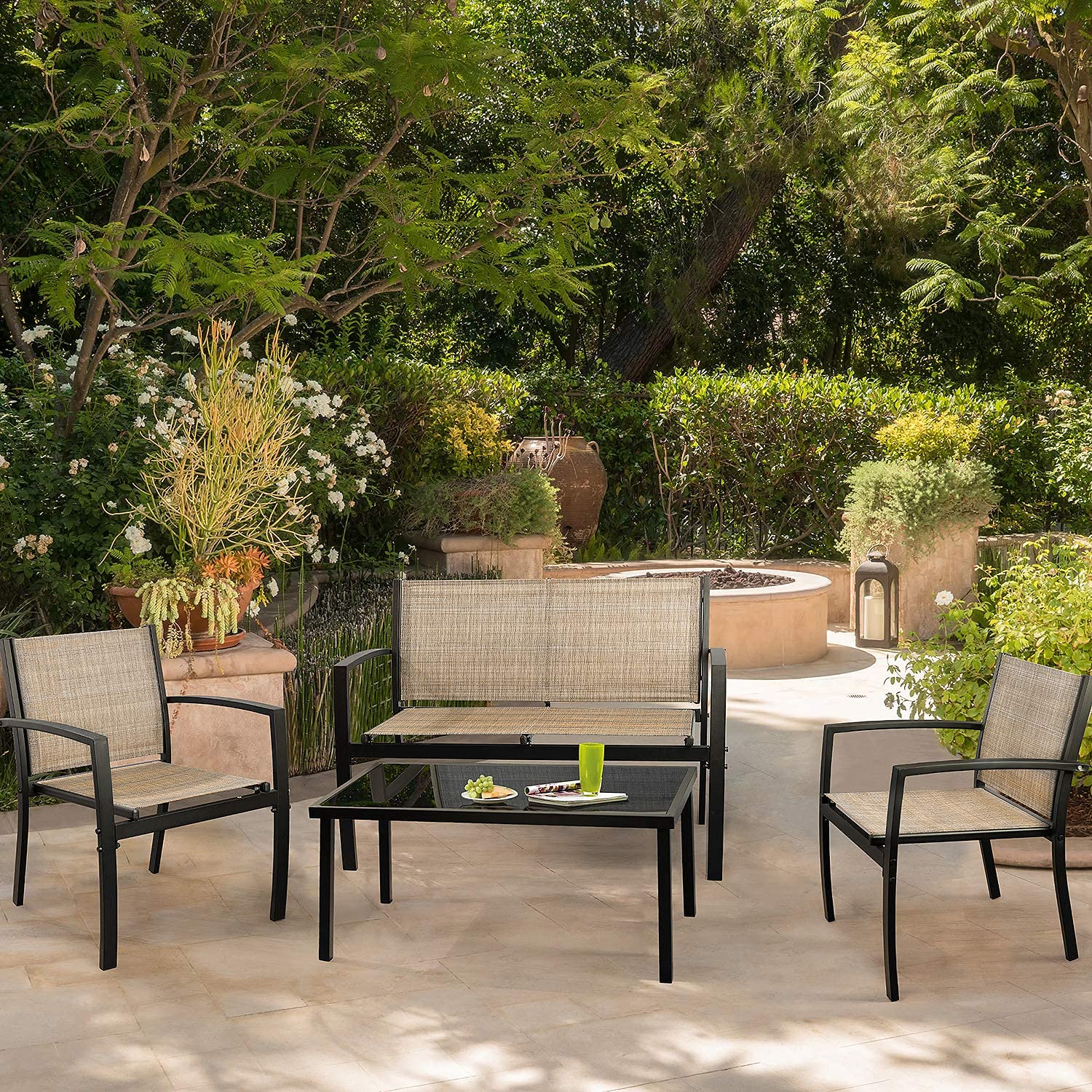 JUMMICO 4-Piece Modern Patio Furniture Set - Outdoor Garden Conversation Bistro Set with Glass Coffee Table for Porch, Lawn, Backyard (Yellow) | Perfect for Relaxing, Entertaining & Outdoor Dining