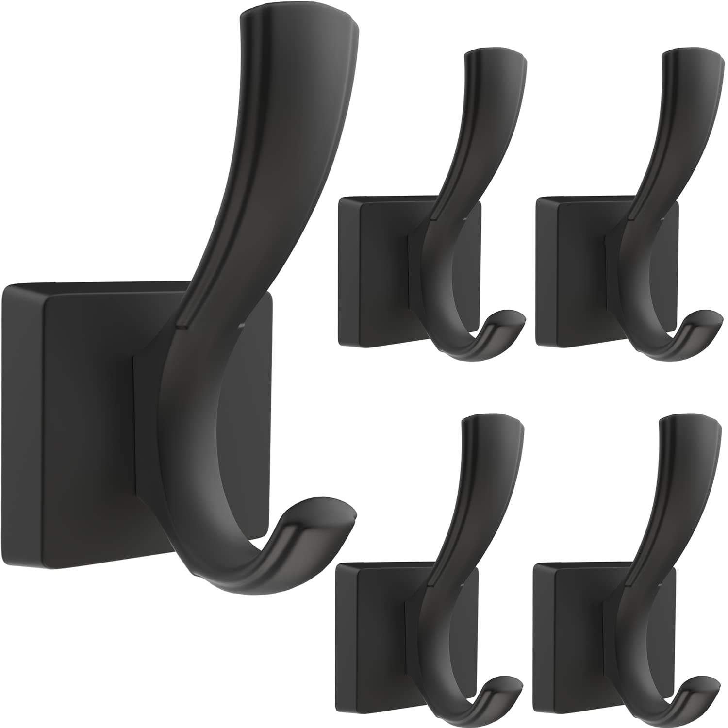 Black Wall Hooks 5-Pack - Towel, Coat & Backpack Hanger for Bathroom & Entryway