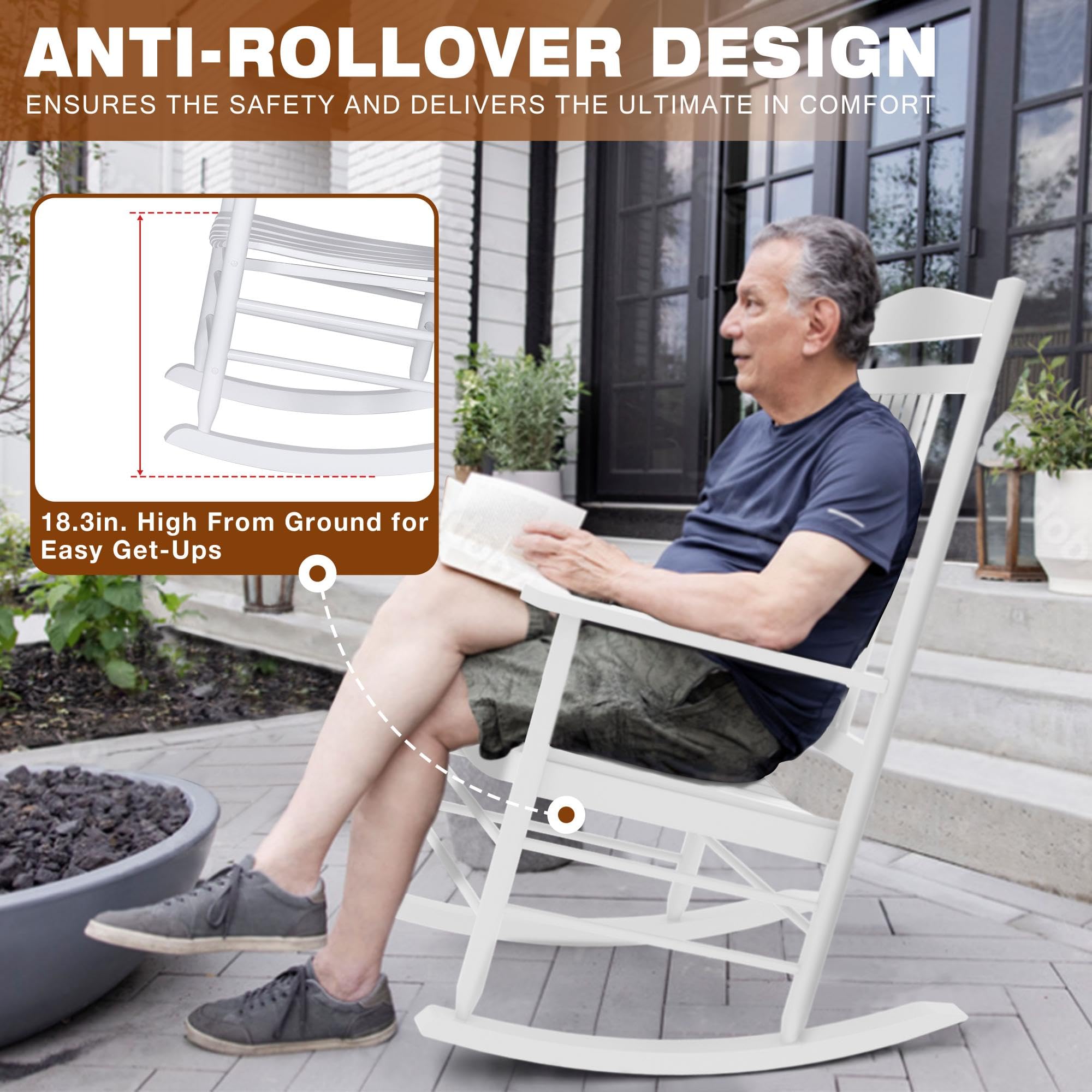 MUPATER 3-Piece Outdoor Rocking Chair Set with Bistro Table - Patio Wooden Rocker Chairs & Foldable Table - White - Perfect for Garden, Porch, and Backyard Relaxation