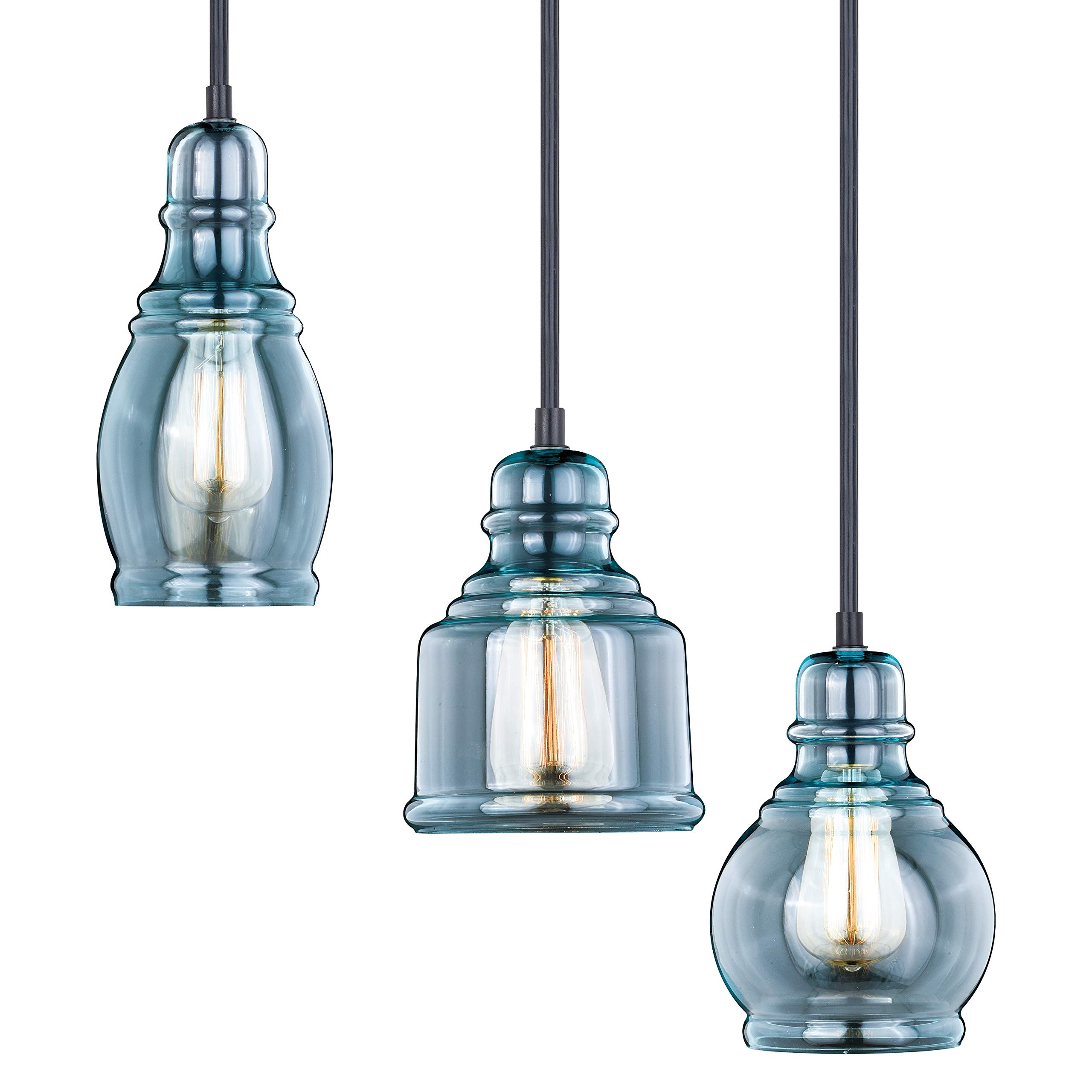 VAXCEL Millie 3L Bronze Farmhouse Jar Pendant Chandelier - Blue Glass Ceiling Light Fixture for Kitchen Island, Dining Room & Bedroom Lighting