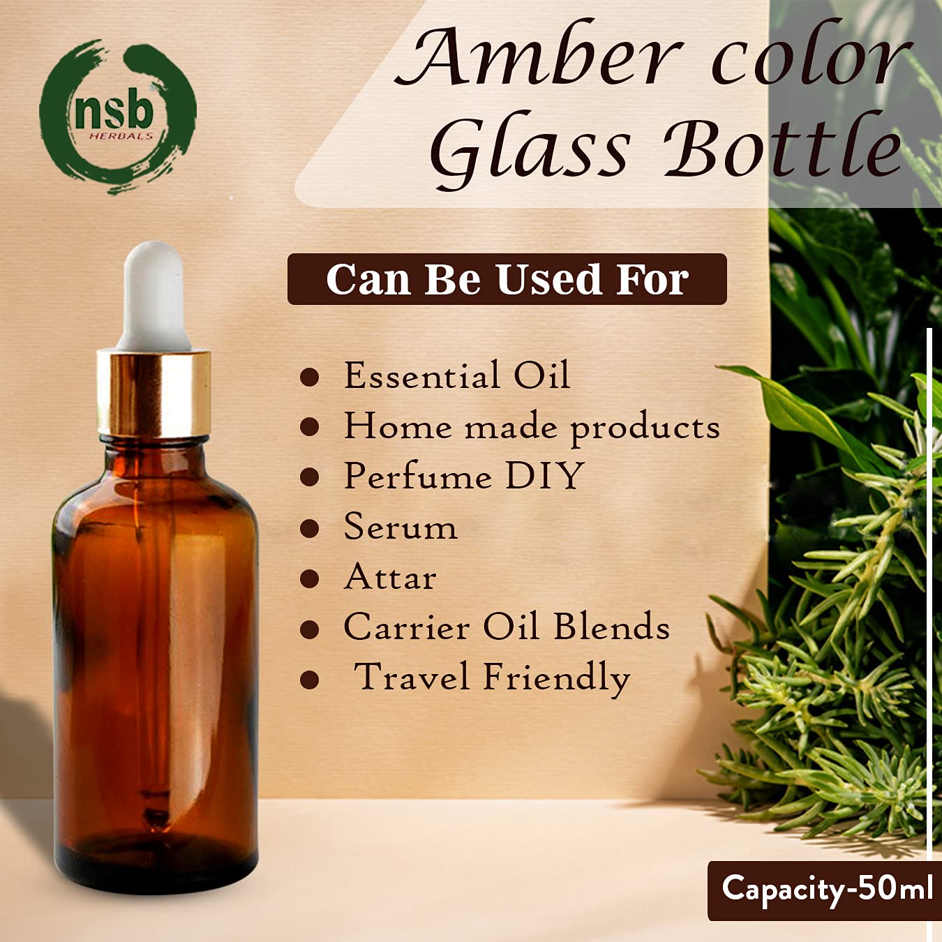 NSB Herbals 50ml Amber Round Empty Glass Bottle with Glass Dropper, Gold Ring & White Silicone Teat - Refillable, Reusable, Leak Proof for Essential Oils, DIY Perfumes, Face Serums & Blends (Pack of 3) - Perfect for Aromatherapy, Homemade Skincare & Travel Size Liquids