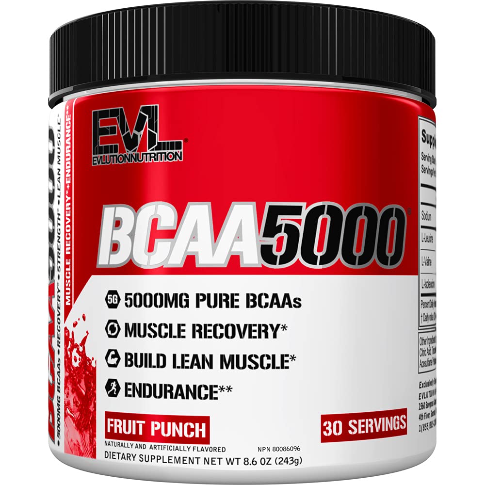 EVLUTION EVL BCAA Powder 5g Branched Chain Amino Acids Supplement for Men - Fruit Punch Flavor - Post Workout Recovery & Pre Workout Energy Drink - Stimulant Free - Ideal for Gym, Fitness & Muscle Recovery