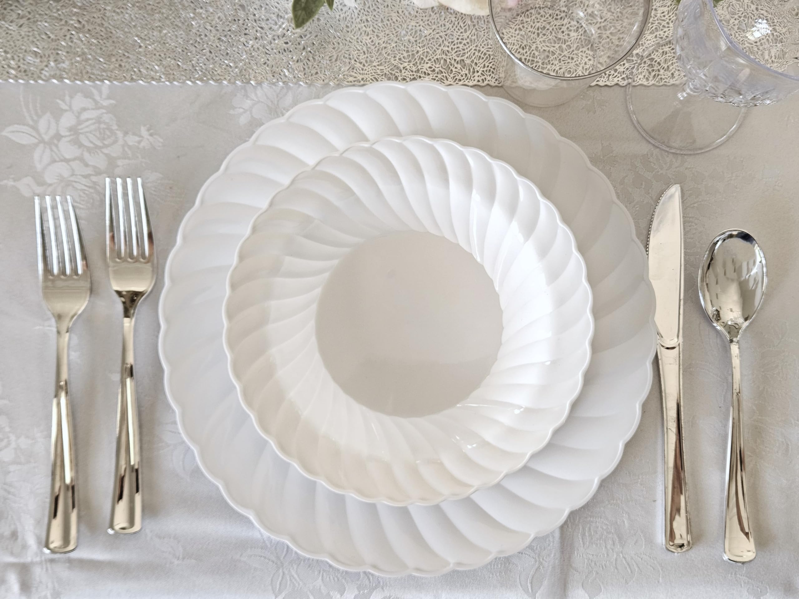 240-Pack Heavyweight Disposable Plastic Plates for Wedding & Party - 7.5'' Appetizer/Dessert Plates in Elegant White Blossom Design | Perfect for Bridal Showers, Birthday Celebrations & Catering Events